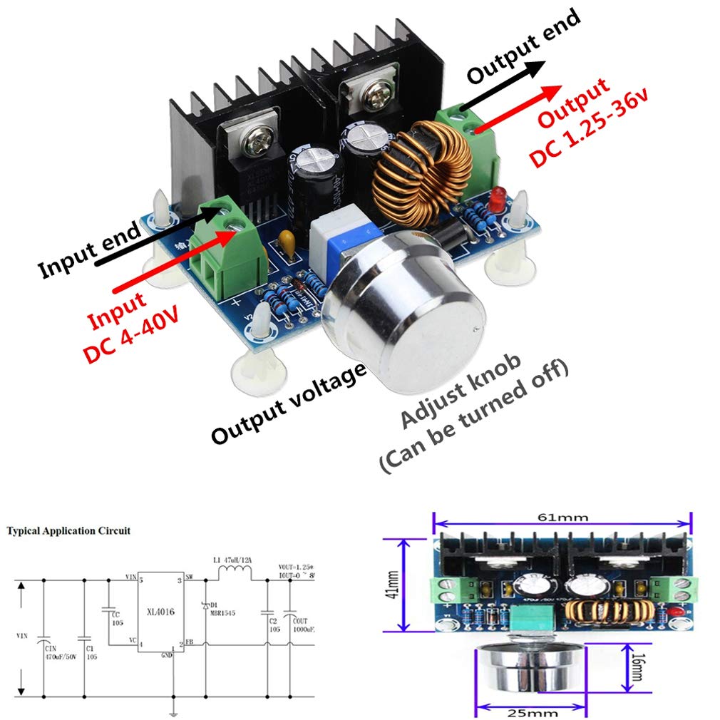 HiLetgo XL4016 module with input/output labels and dimensions