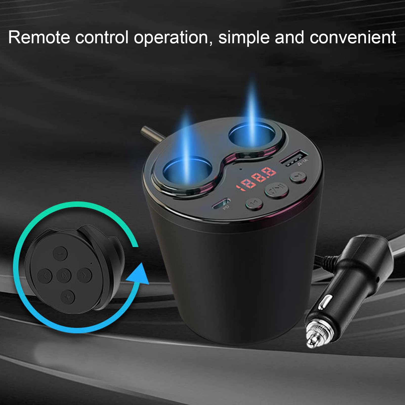 Splitter Accendisigari Doppio USB per Caricabatteria da Auto, Adattatore per Accendisigari Bluetooth a 2 Prese da 100 W, Supporto Radio FM, Disco U, Chiamate in Vivavoce, 12‑24 V(Con telecomando)