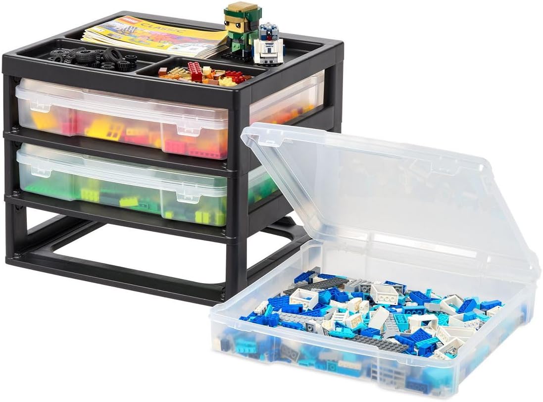3-Drawer Scrapbook Storage Unit with Organizer Top, 13" x 14.25" x 15.88" Portable Craft Organizer for 12" x 12" Paper, Vinyl, and Art Supplies, Durable Desktop Storage Solution, Black