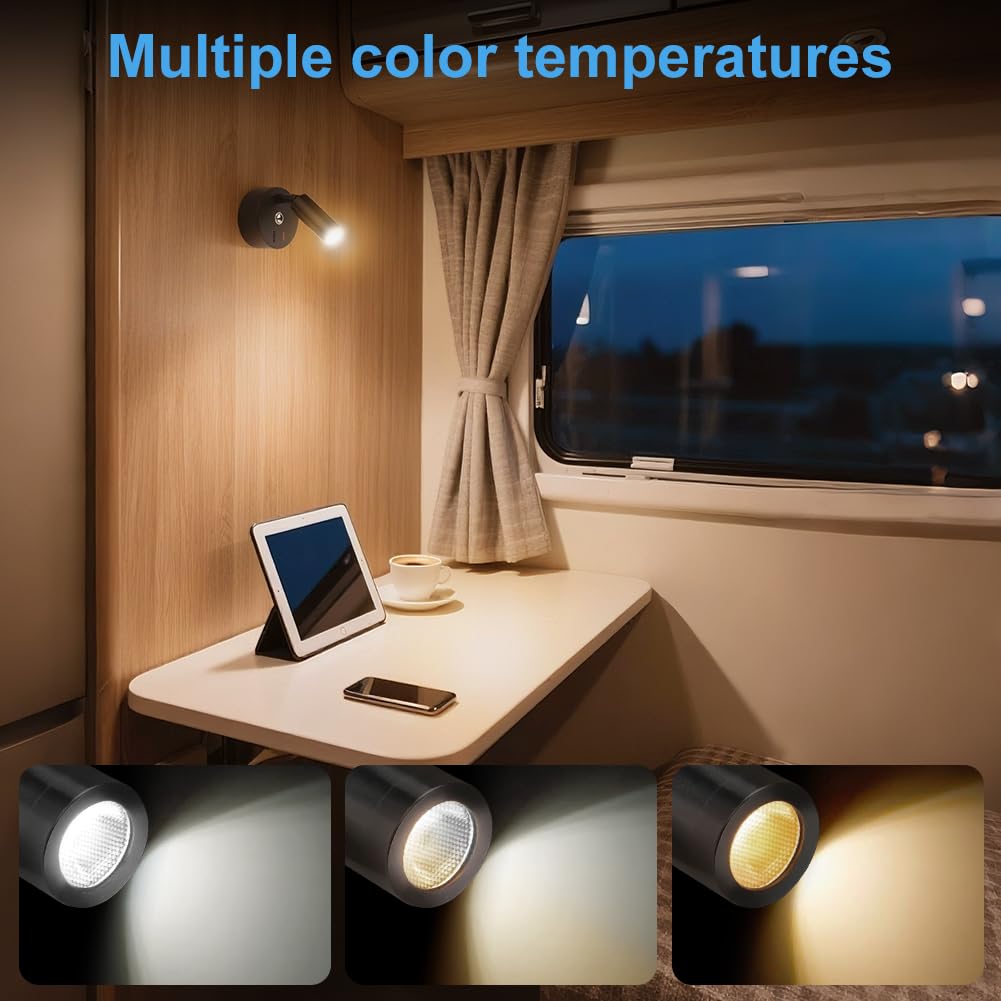 12V LED Leselampe Wohnmobil, 2 Stück Wohnmobil, Wandleuchte Bettlampe mit Schalter Touch Dimmbar, 3 Farbtemperatur Modi mit Ladefunktion USB A+C-Anschlüssen für Auto Wohnwagen Innenbeleuchtung