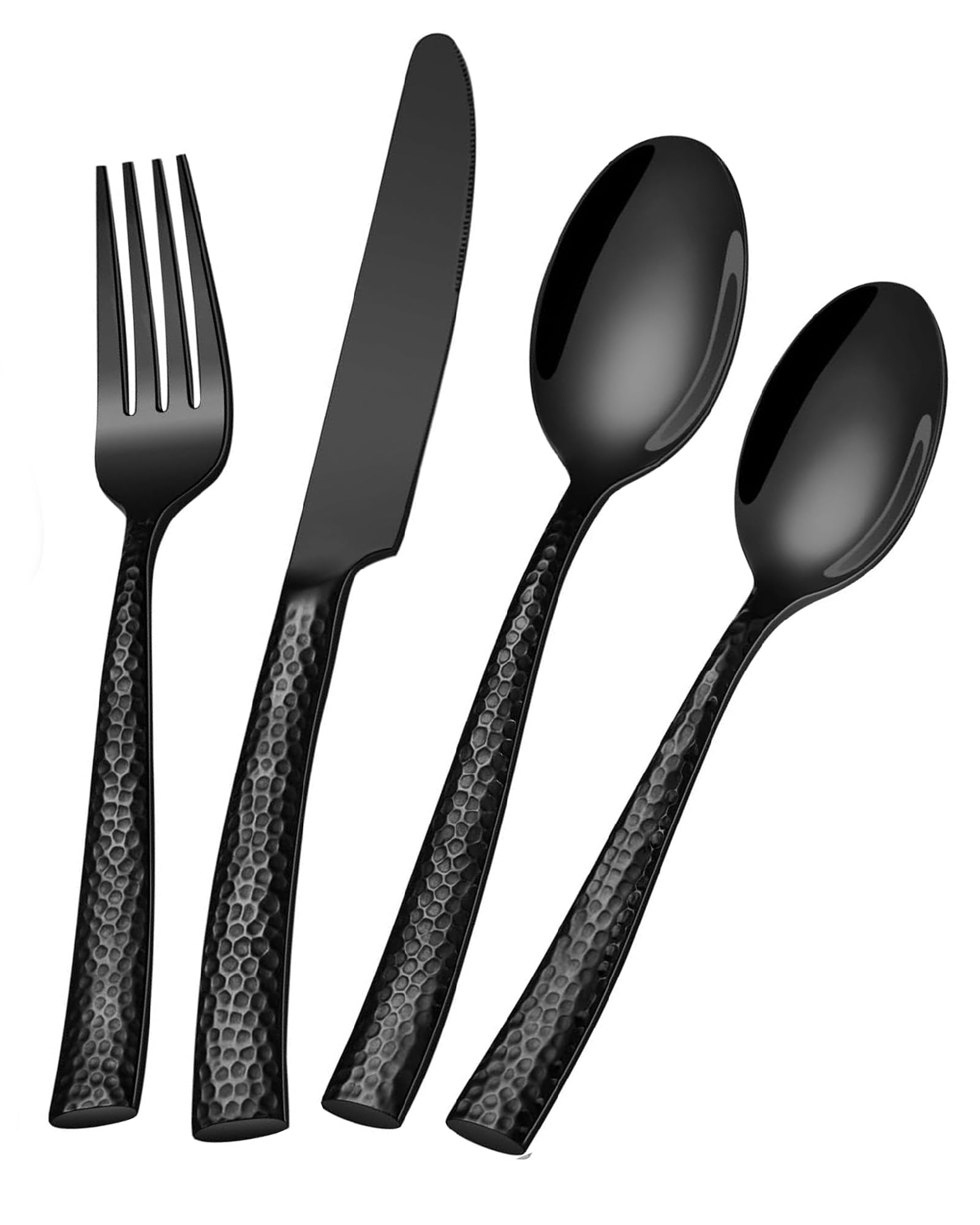 Schwarz Gehämmertes Besteckset, 24-teiliges Hochleistungs-Besteckset aus Edelstahl für 6 Personen, Besteckset in Lebensmittelqualität, Spiegelutensiliensets für das Restaurant zu Hause