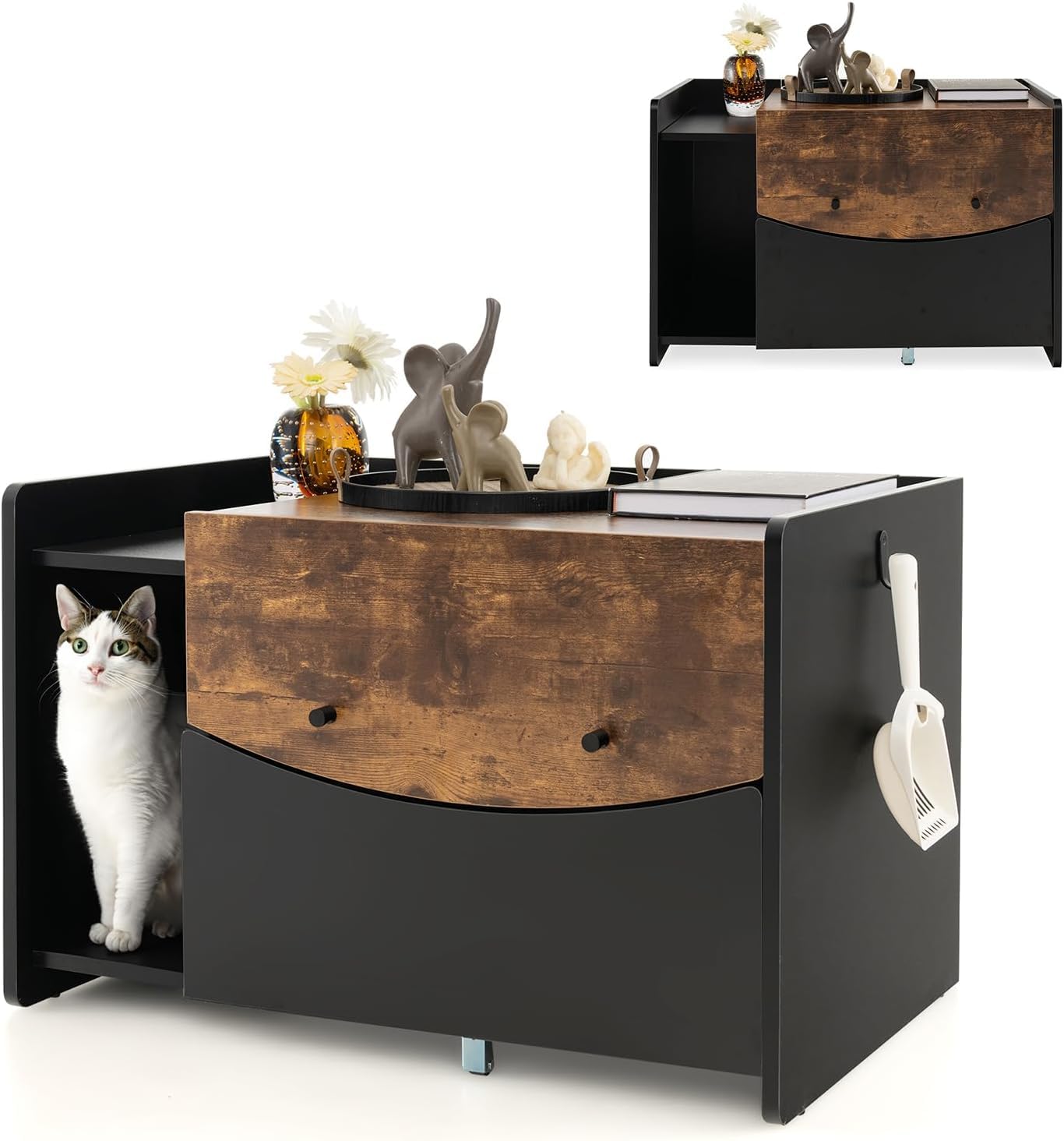 GOPLUS Caja de Arena para Gatos con Cajón Extraíble, Muebles de Baño Oculto con Puerta Abatible, Ruedas, Casa Interior, Gabinete Lateral de Madera para Mascotas