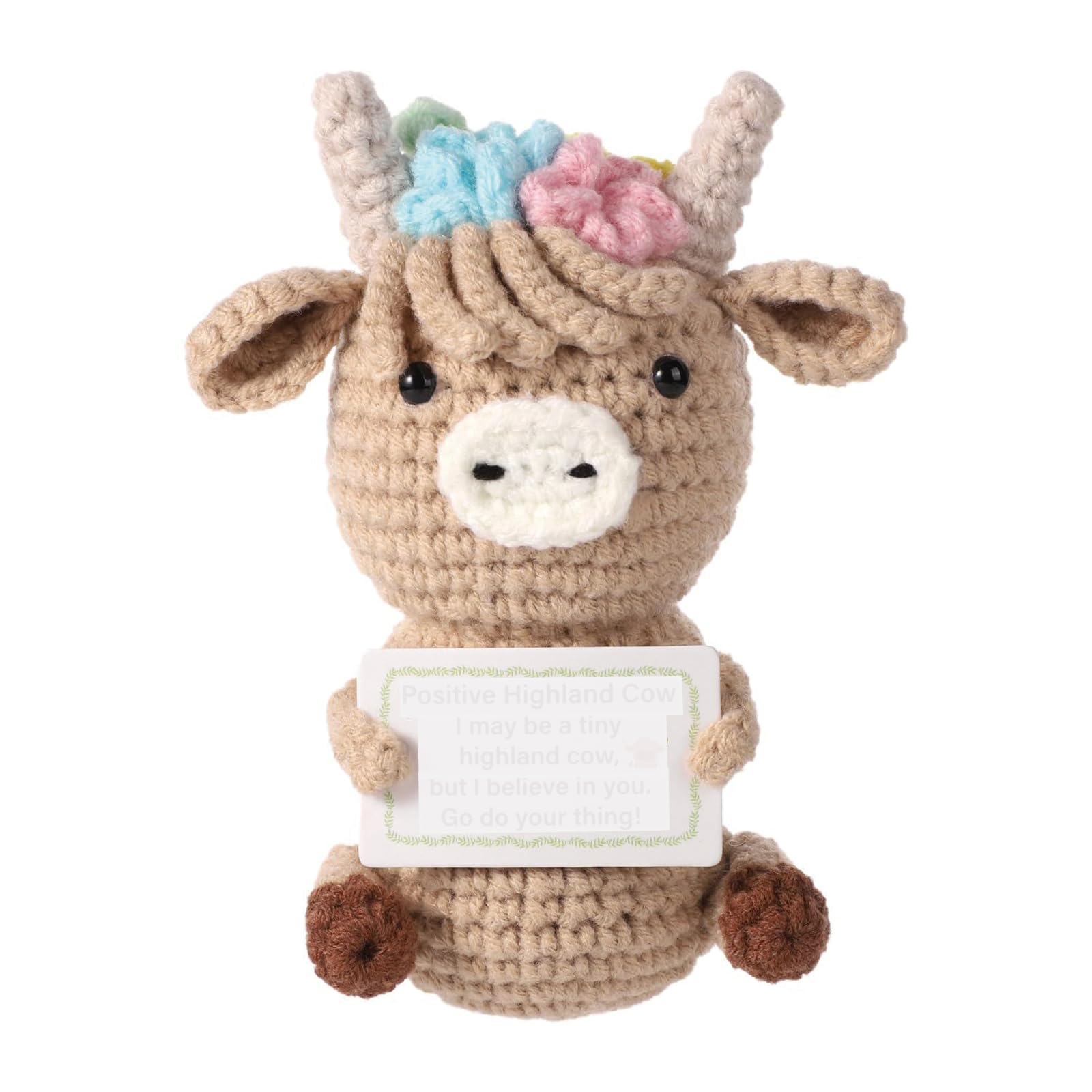 JNGTKL Highland Cow Knitted Toy - Woven Positive Emotional Gift - Crocheted Animal Ornament for Cheer, Khaki, 12cm x 8cm