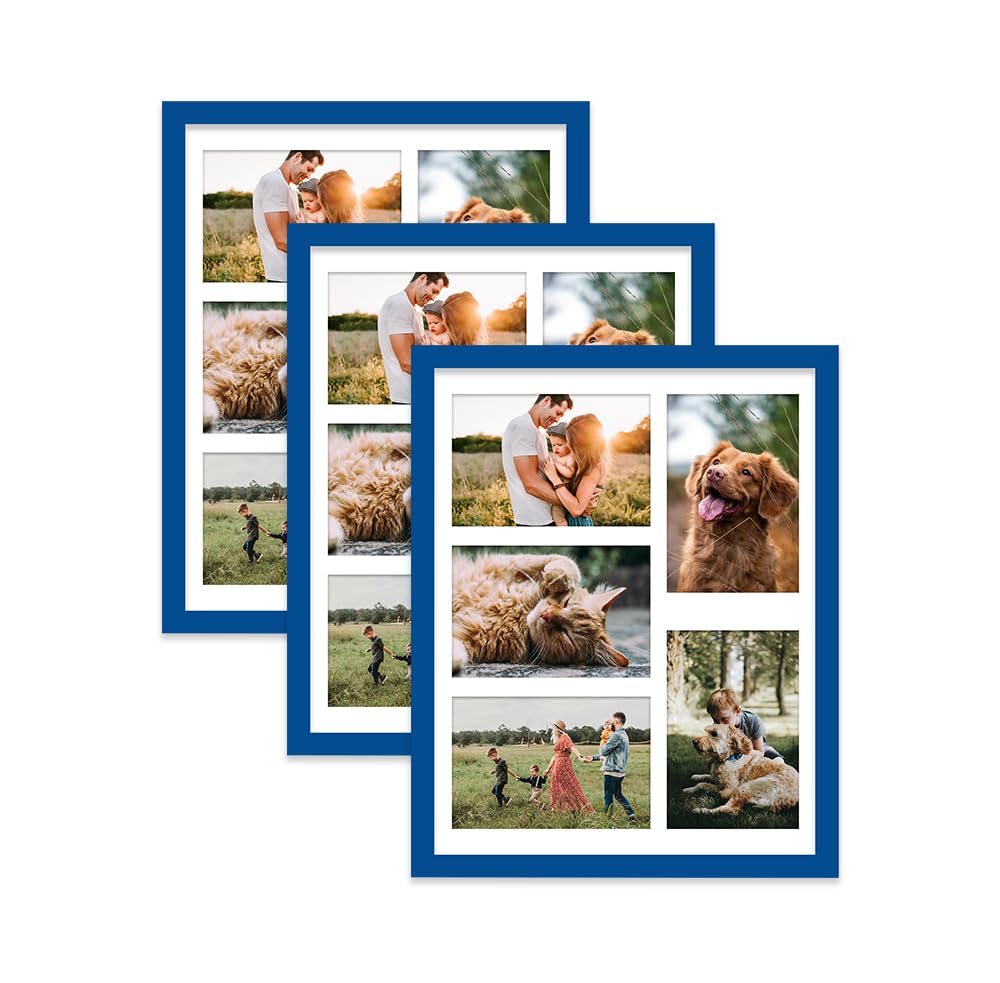 Blue Multi Photo Frame - Holds 5 x 6x4 Pictures, Family Collage Picture Frame for Wall Display, 14x11 Frame size, Set of 3