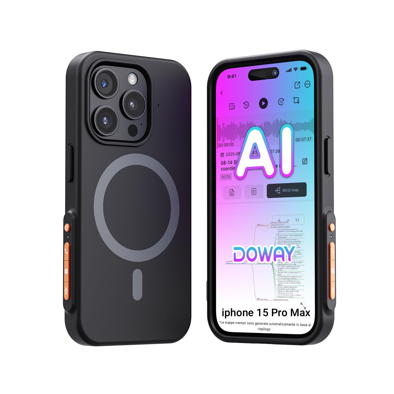 Registratore Vocale AI Custodia per Telefono, Memoria 32GB, Oltre 80+ Lingue, Trascrizione e Riassunto Automatico, Controllo App, per Riunioni/Interviste/Lezioni, Compatibile con iPhone 15promax