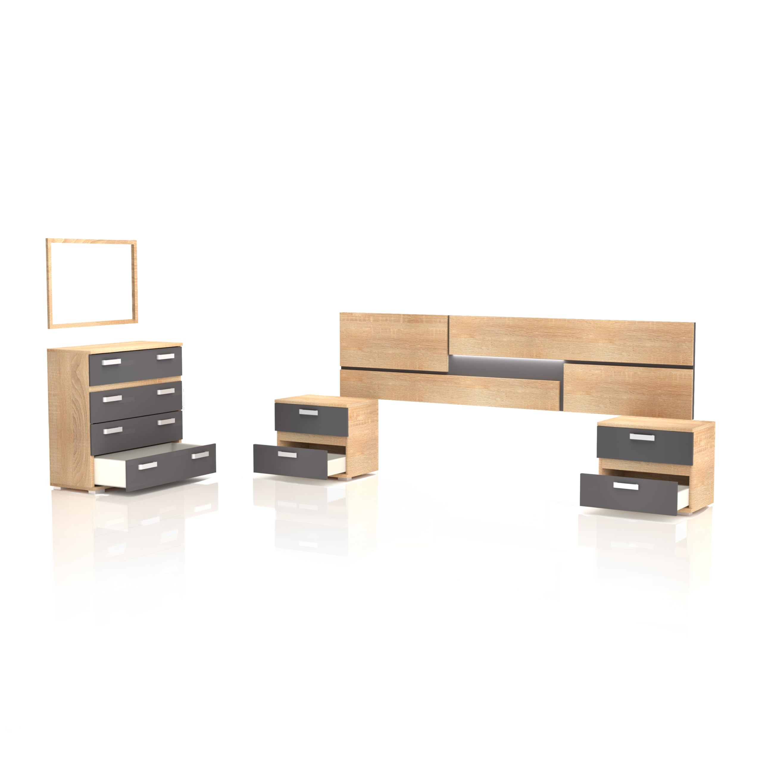 duehome Pack de Dormitorio con Cabecero + 2 mesitas de Noche + Comoda y Espejo, Conjunto de Dormitorio, Dormitorio Completo, Modelo Ataneq Pure 4c, Acabado en Cambria y Grafito, Grande
