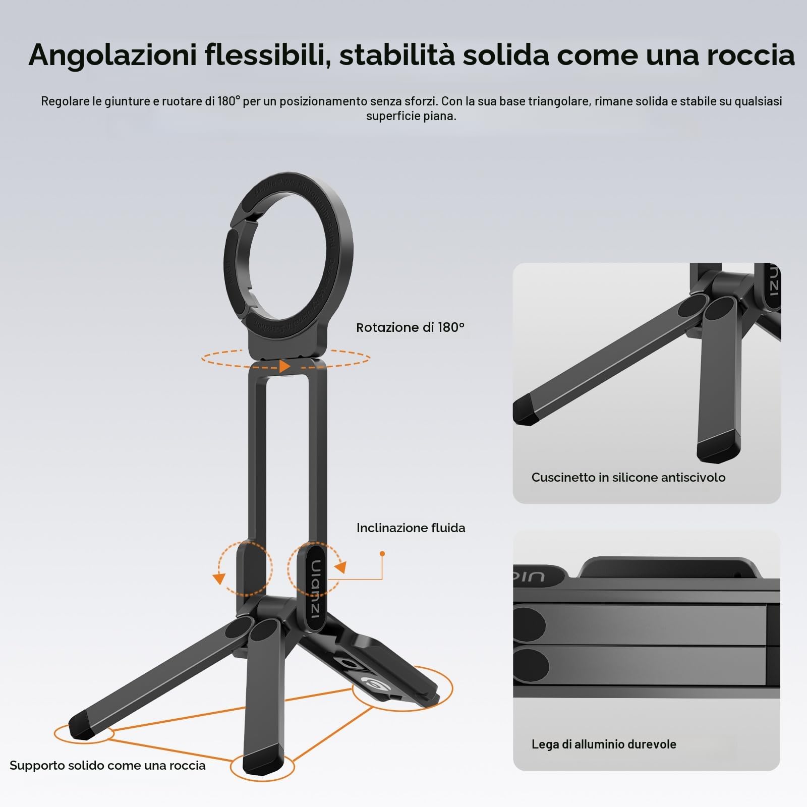 ULANZI MA38 Supporto Magnetico 5-in-1 per iOS,108 g, Addattore cellurare con magnete >14 N, Arca-Swiss, Mini treppiede in alluminio con gancio nascosto, angolo 180°,Carico massimo 450 g