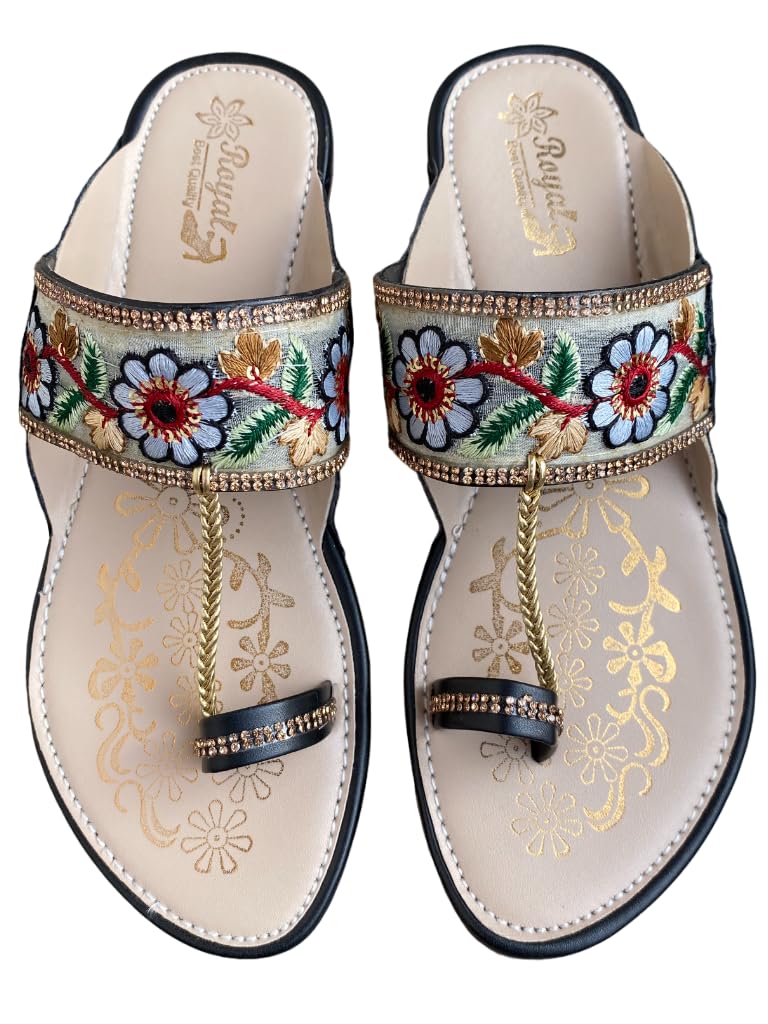 TREXXY Kolhapuri Embroidered Chappal for Women | Flat Fashion Sandals | Ethnic Slippers for Girls | Ethnic Flat Sandals | Toe-Ring Festive Slippers | Slip On Ethnic Flats Chappal