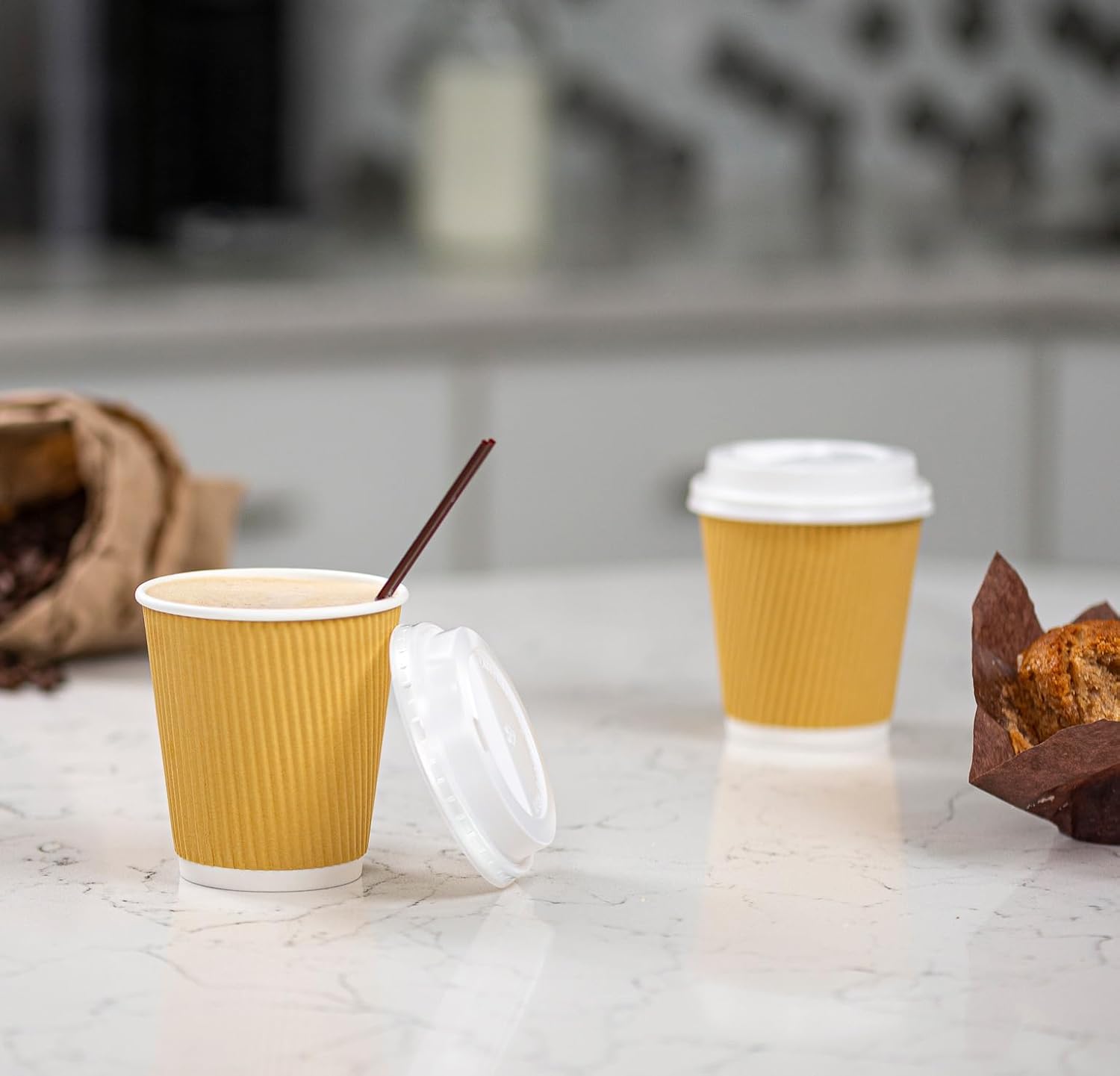 GUSTO Comfy Package [10 oz. - 50 Sets Insulated Kraft Ripple Paper Hot Cups, Disposable Coffee Cups With Lids - Ideal for Hot Beverages, Travel, and Office Use - Image 4