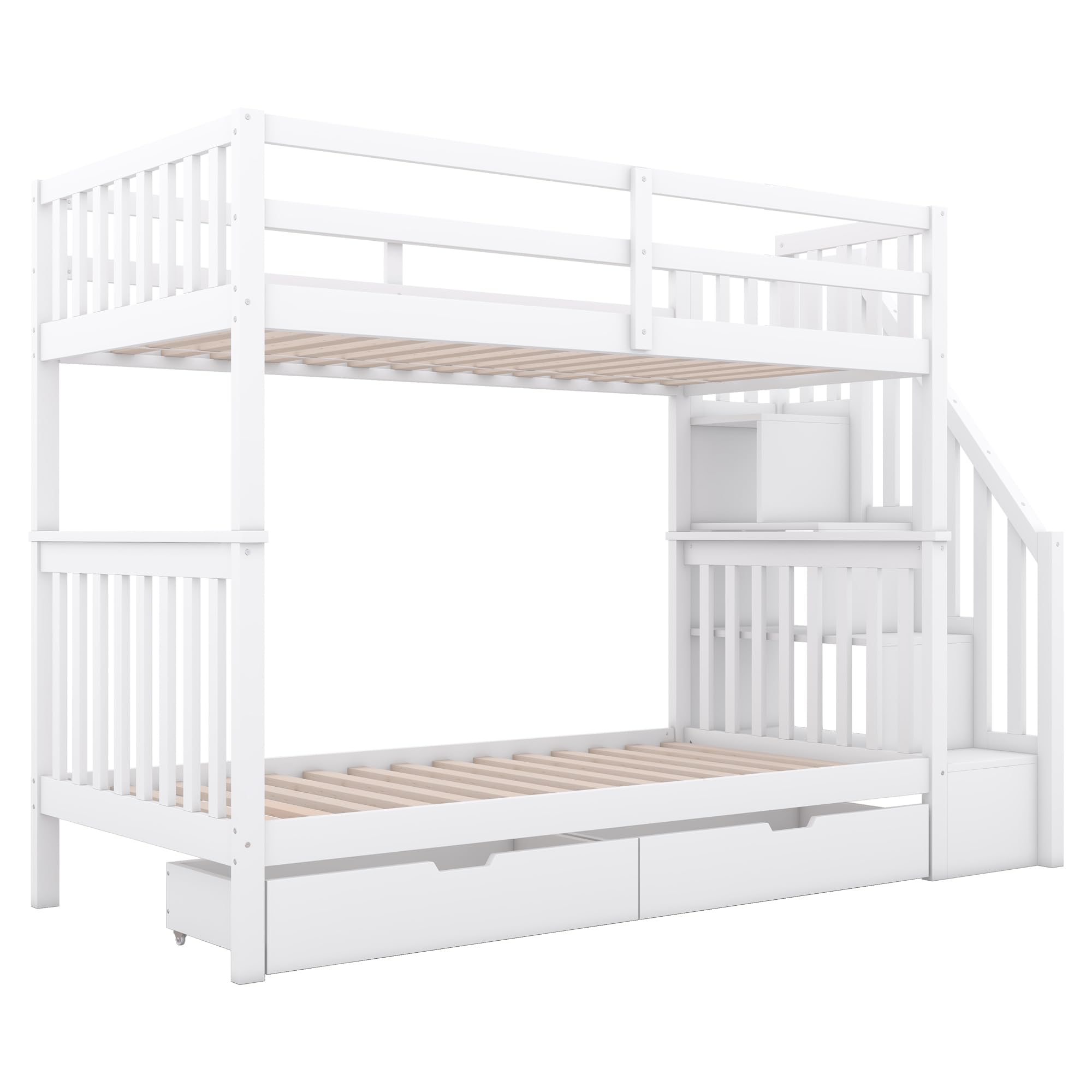 Rtopsu Etagenbett Kinderbett 90x200 cm für 2 Kinder, Hochbett Holzbett mit Treppe und 2 Stauraum Schubladen, Bett mit Rausfallschutz und Lagerregal, Hausbett mit Lattenrost, Weiß, Ohne Matratze