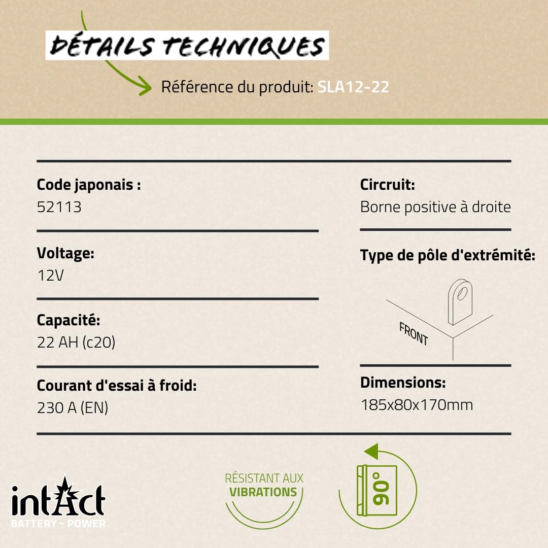 intAct - AGM BATTERIE MOTOCYCLE | Batterie pour scooter, moto, quad, etc. Batterie sans entretien & anti-fuite | SLA12-22, 52113, batterie 12V, 22 AH (c20), 230 A (EN) | Dim: 185x80x170mm