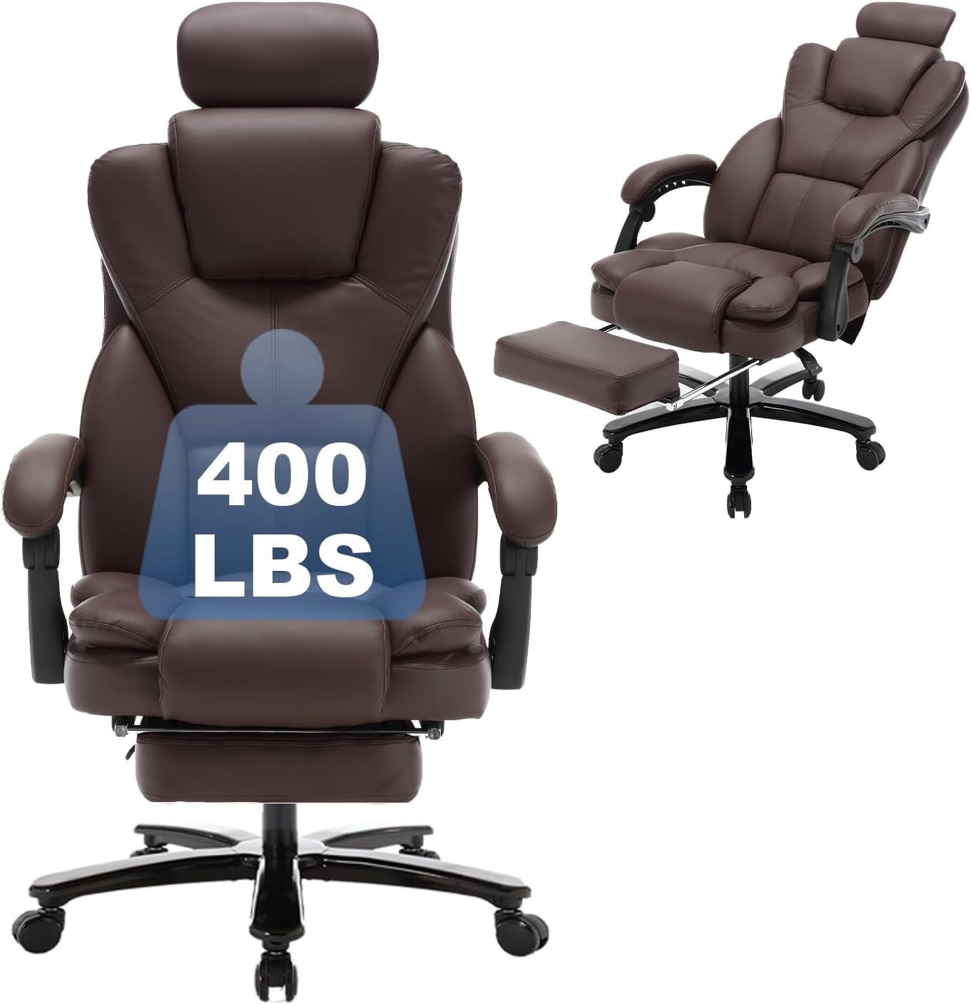 400lbs Reclining Office Chair with Footrest, PU Leather Big and Tall Heavy Duty Ergonomic Gaming Chair with Leg Rest, Brown