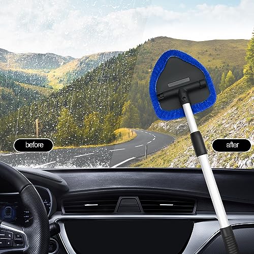 Car Windscreen Cleaner, Expandable Car Window Cleaner with 9 Reusable Microfiber Triangle Pads & 3 Pray Bottles Auto Windshield Cleaning Tool with Detachable Handle (Blue) - Image 2