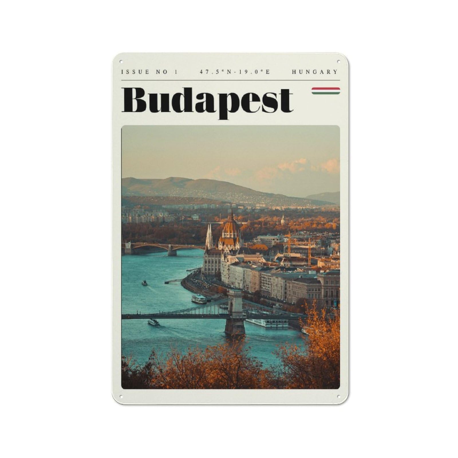 Junmoney Style-22 Tin Wall Plaque 30X20cm With Budapest Hungary Travel Art For Guest Room Or Hallway, A Decorative Christmas Gift For Home Decor Collectors