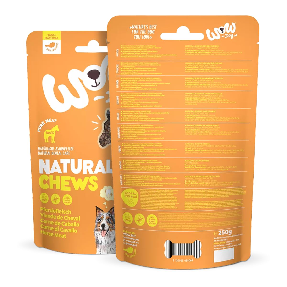 WOW Bocadillos masticables I 100 % carne de caballo seca (6 x 250 g) de proteína única para perros I Complemento alimenticio I Cuidado dental