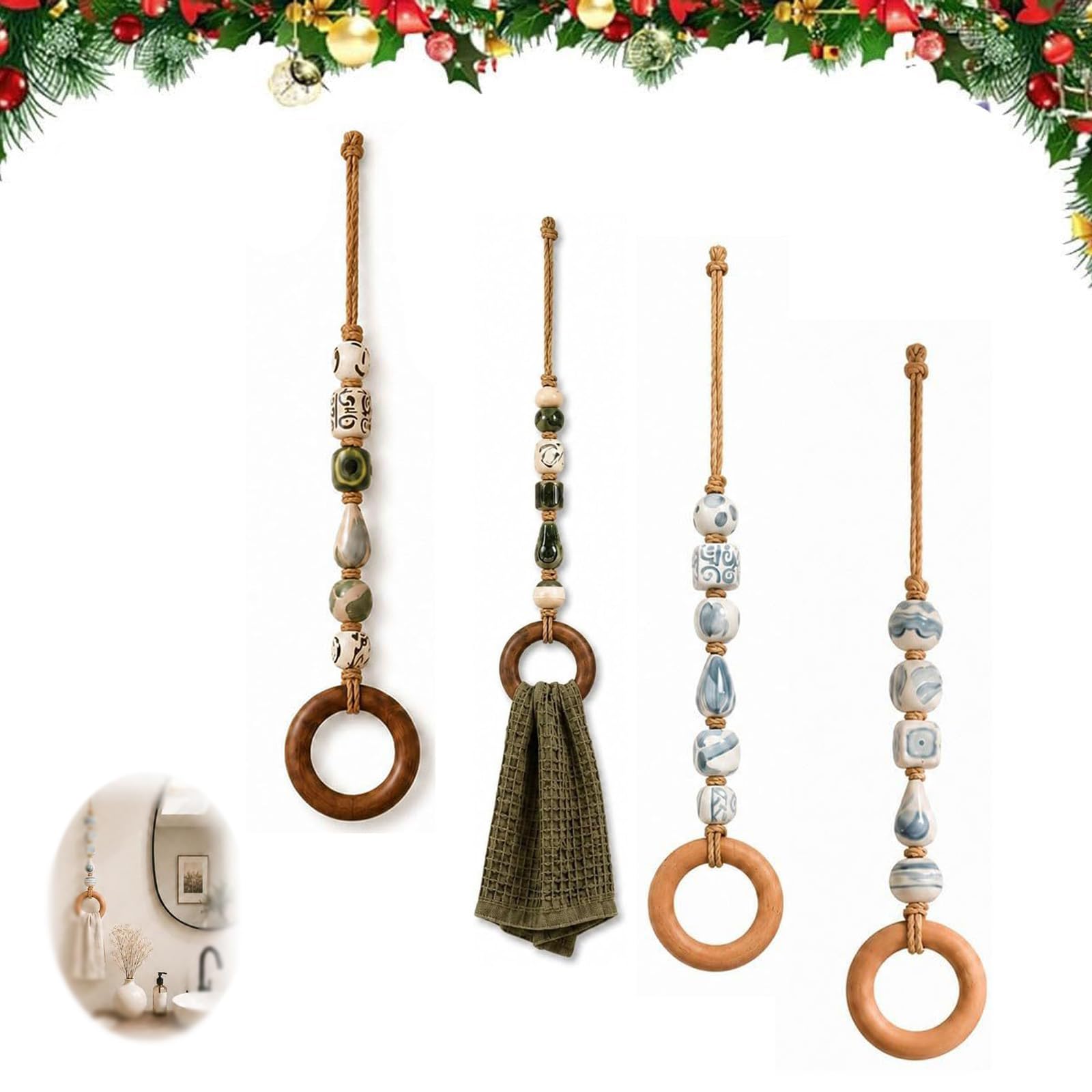 Appendi asciugamani decorativo con perline e anello in legno, design boho (MIX*4)