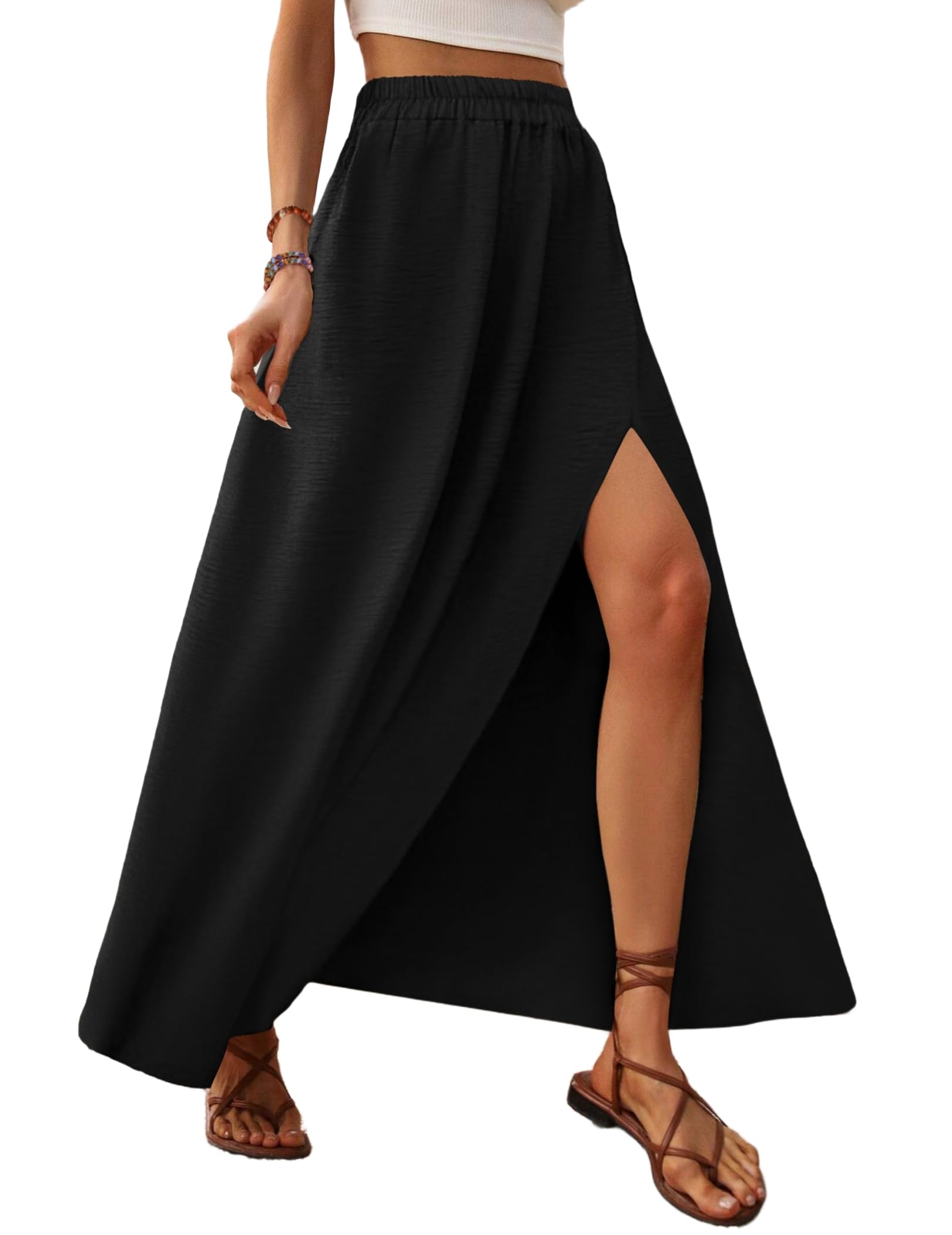 Zeagoo Falda Larga Mujer Verano Elegante Sólido Cintura Alta Elástica A Línea Falda de Playa con Abertura S-XXL