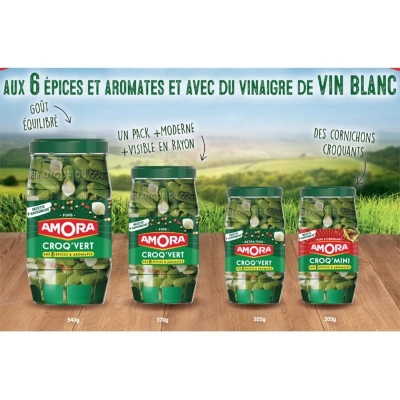 AMORA - Croq'Vert Cornichons Fins - 540G - Saveur Aigre-douce - Idéal pour l'Apéritif et les Plats Cuisinés - Marinade de Qualité Sup - Lot De 3 - Vendu Par Lot