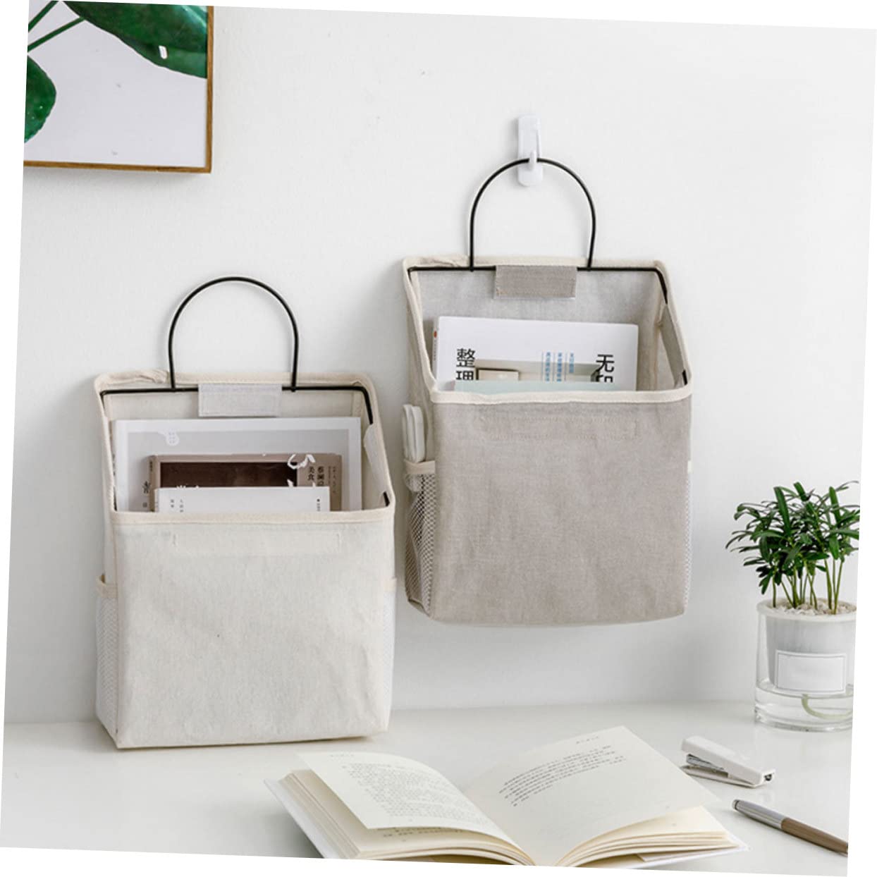 Borsa Organizer da Appendere per Porta Bianca 2 Pezzi | Tessuto di Cotone , Tasche Laterali e Scomparto Principale Ampio , Uso Domestico per Posta e Gioielli