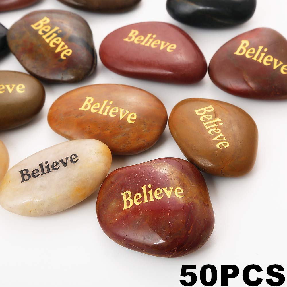 ROCKIMPACT 50PCS Believe Believe Stone Engraved Rocks Inspirational Gifts Prayer Stones Zen Chakra Gratitude Rocks Palm Pocket Motivation Encouragement Rocks Wholesale Believe Rock, 2