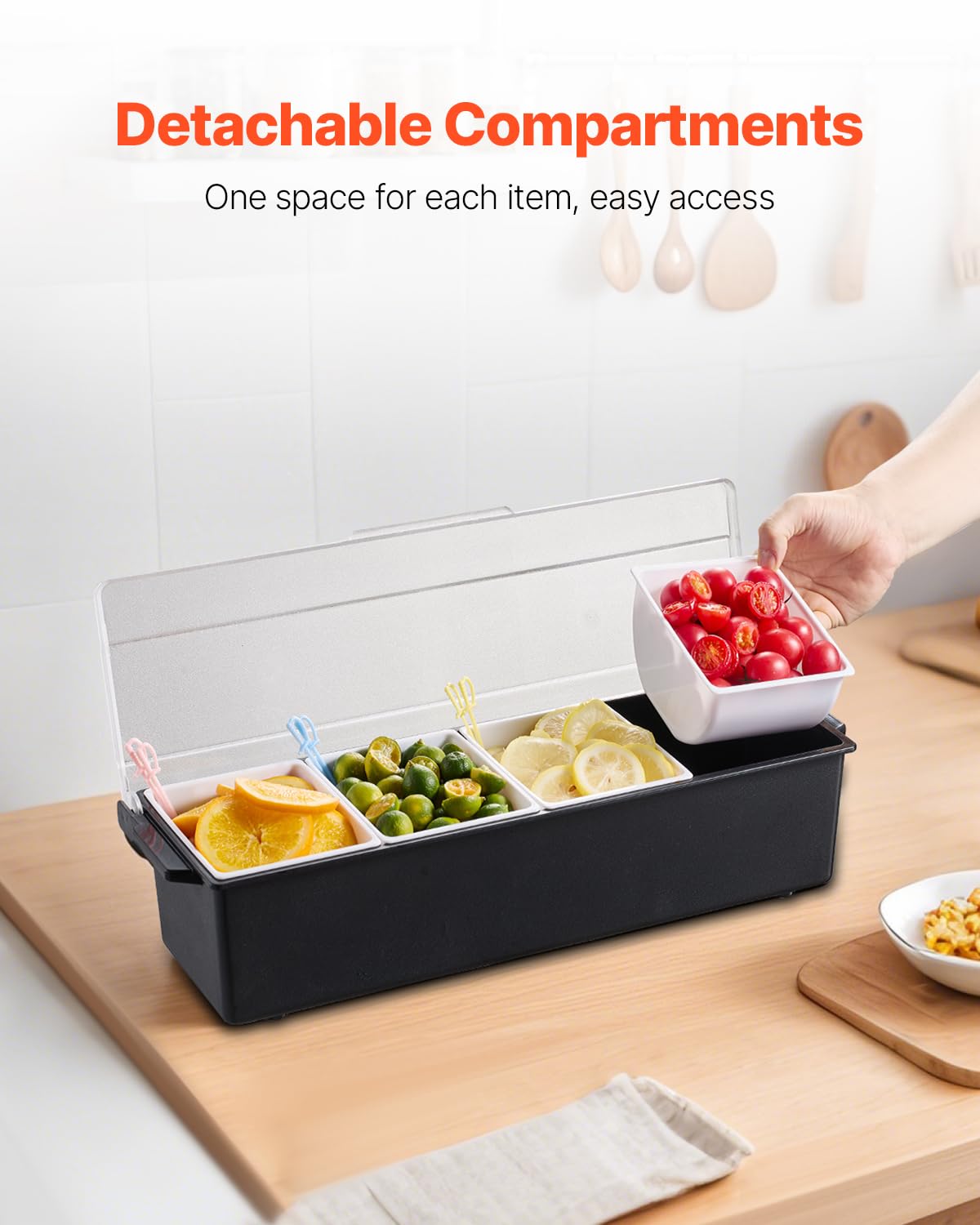 VEVOR Servidor de Condimentos Refrigerado, con 4 Compartimentos, Tapa para Guarniciones Refrigeradas, para Servir Ensaladas, Frutas, Suministros para el Hogar y Restaurantes, 503 x 165 x 117 mm