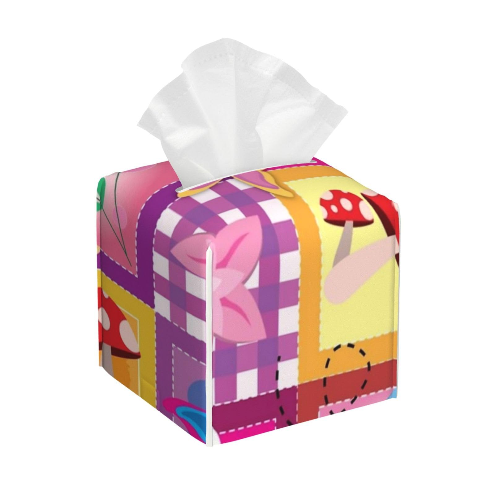 Girls Spring Patchwork Pattern Tissue Box Cover 5" Square Leather Tissue Holder Facial Tissue Case for Tabletop Bedroom Bathroom Desk Decor