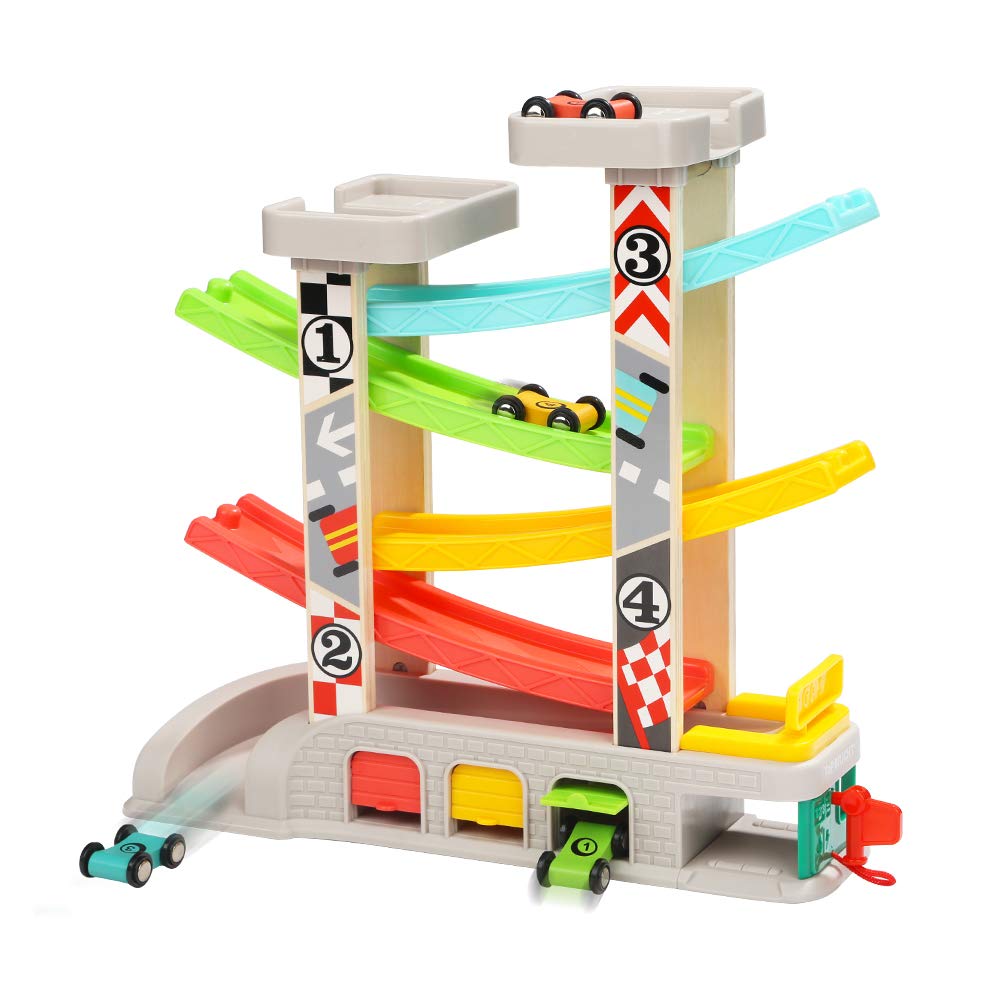 TOP BRIGHT Car Ramp Toy for 2 3 4 Year Old, Toddler Race Track Toys with 4 Wooden Cars and 3 Car Garage Kids Vehicle Playsets Birthday Gift