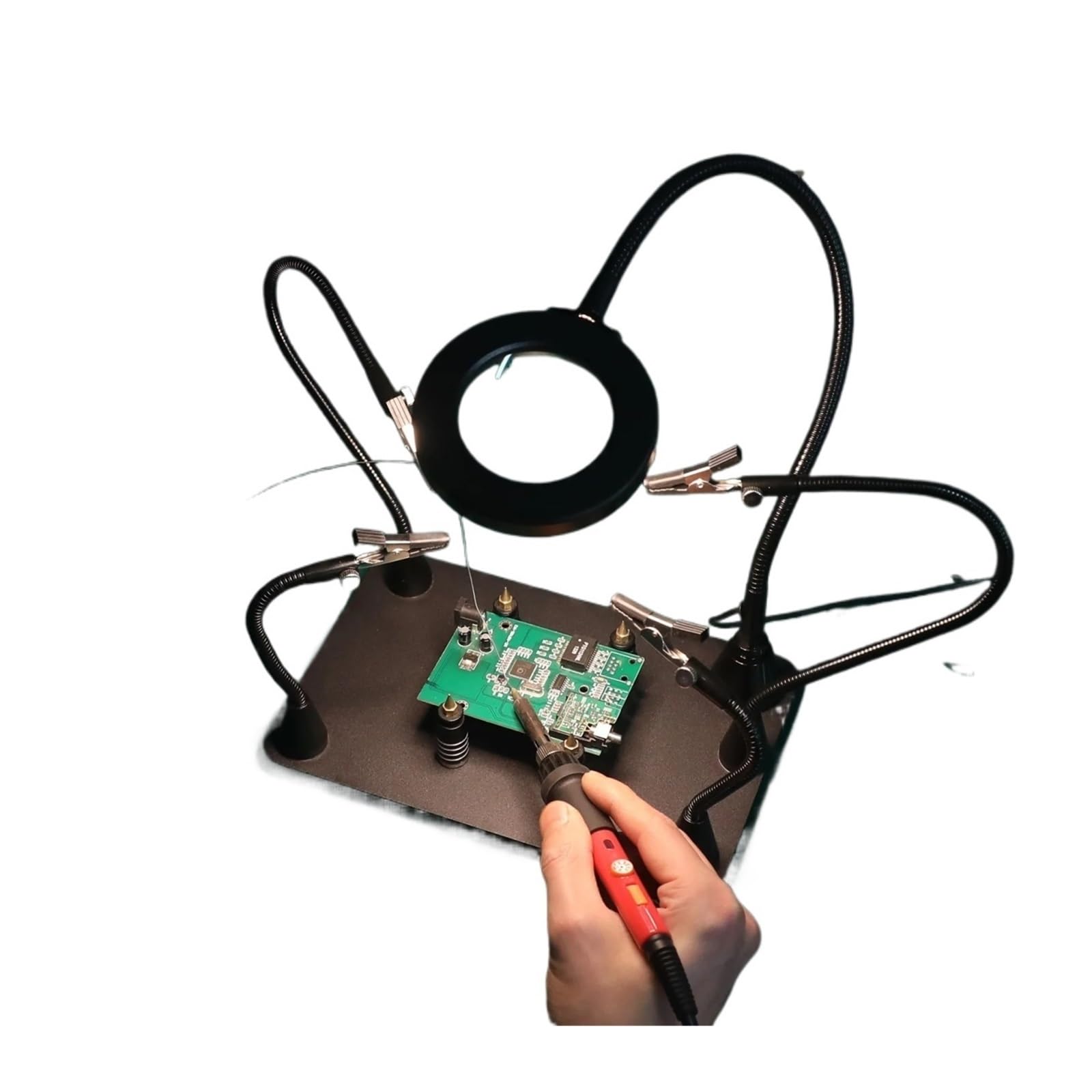 Saldatura Terza Mano Strumento, Stazione di Saldatura di Terza Mano, Aiuto con Lente d'Ingrandimento, Torcia elettrica, Morsetti a Coccodrillo(N-4ab-usb)