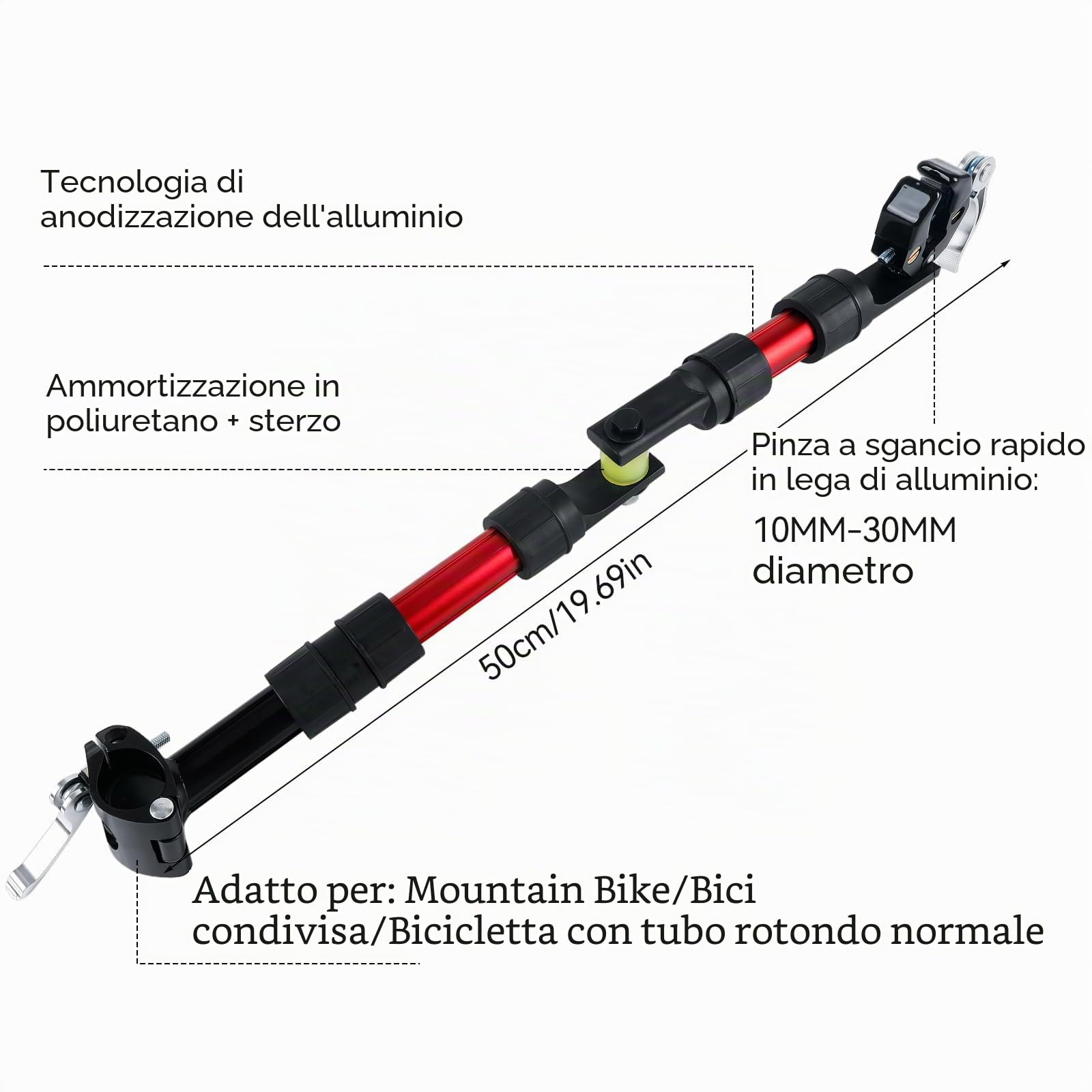 Gancio di traino per bicicletta, connettore girevole a 270° per carico della bicicletta, design modulare di componenti in nylon, sistema di smorzamento e sterzo, adatto per biciclette con tubo
