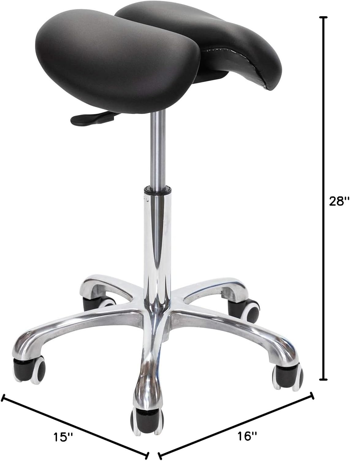 Saddle Stool with Wheels Rolling Chair - Ergonomic Split Seat Design, 360° Swivel Mobility, and Heavy Duty Adjustable Height - Professional Salon, Massage & Esthetician Spa Stool - (Black)