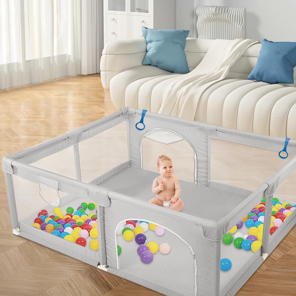 Homewell Parque para bebé, Parque de bebé seguro 150 x 200 cm, zona de juego con 2 accesos laterales con cremallera y alfombras, barrera para bebés de juegos, bolsa de transporte, color gris