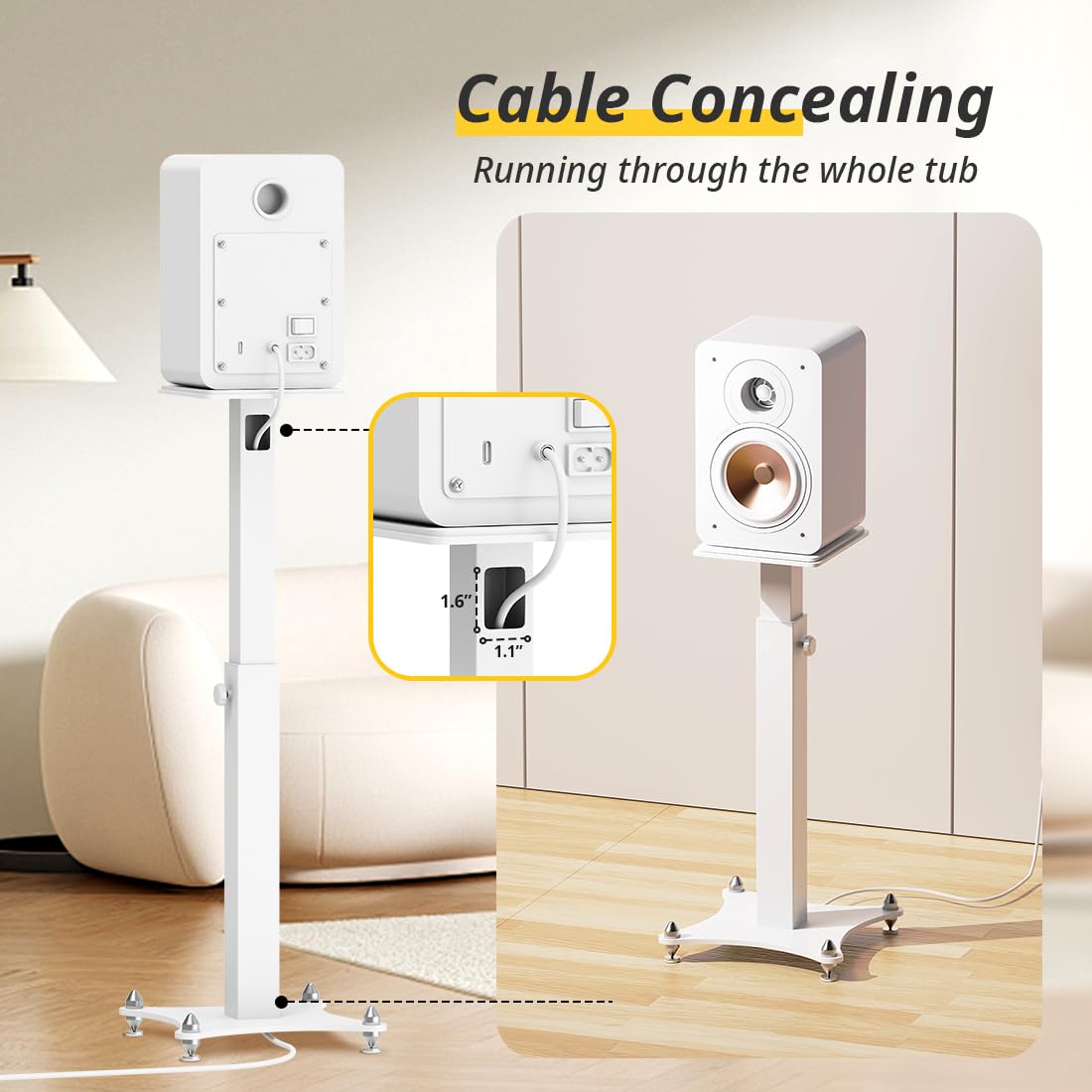 Supporto per altoparlanti, regolabile in altezza, 50-70 cm, universale, bianco, con gestione dei cavi, portata 30 kg, set da 2