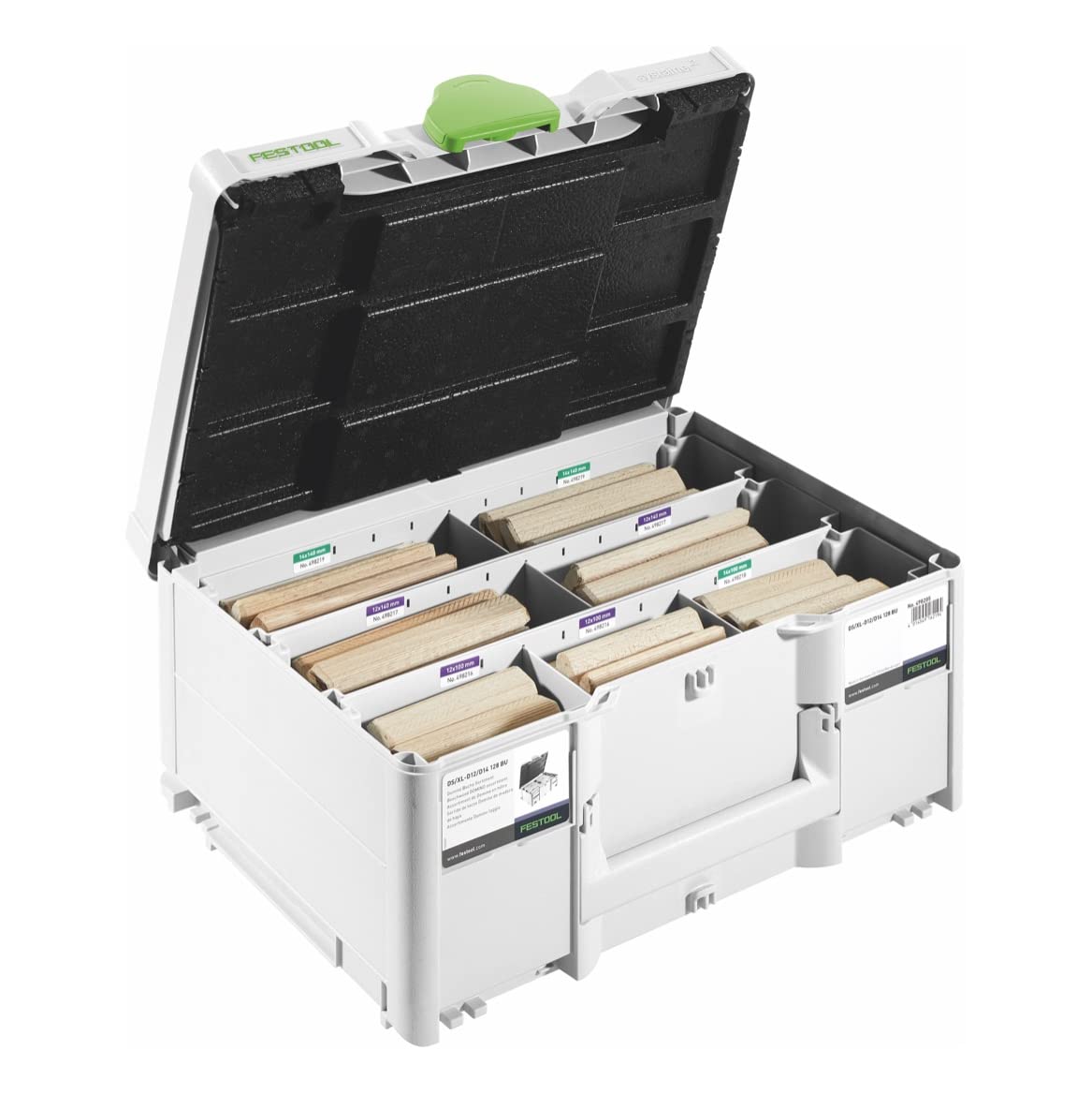 Festool DOMINO XL Dübel Buche D12/D14 128 BU mit Fräser | Sortimentsset mit 128 Buchenholz-Dübeln D12 & D14, HW-Fräser D14 für DF 700 und Systainer SYS3 M 187