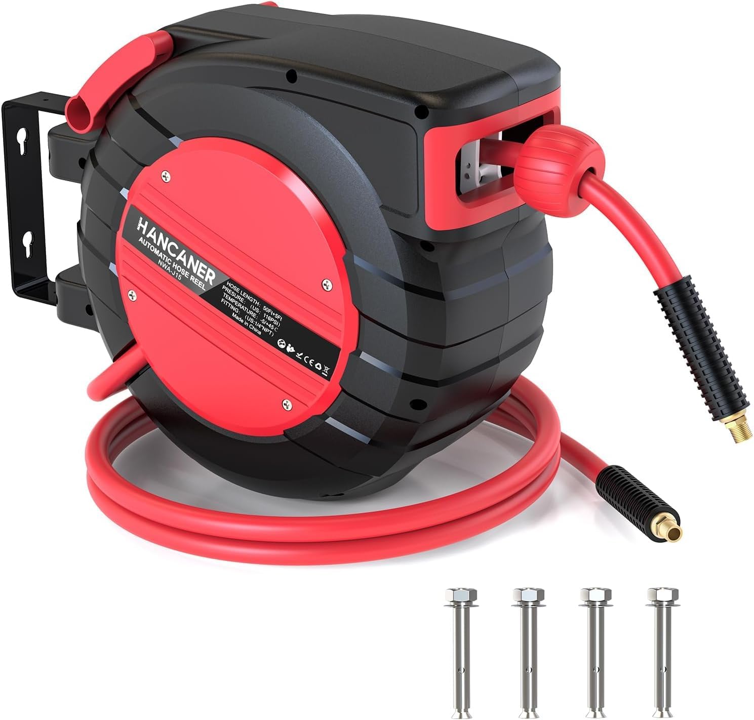 Air Hose Reel 50 FT Retractablel, 3/8 IN x 50 FT Hybrid Hose Air Compressor Hose Reel Max 350 PSI with 5 FT Lead in, Ceiling/Wall Mount Enclosed Air Reel, 180° Swivel Mount