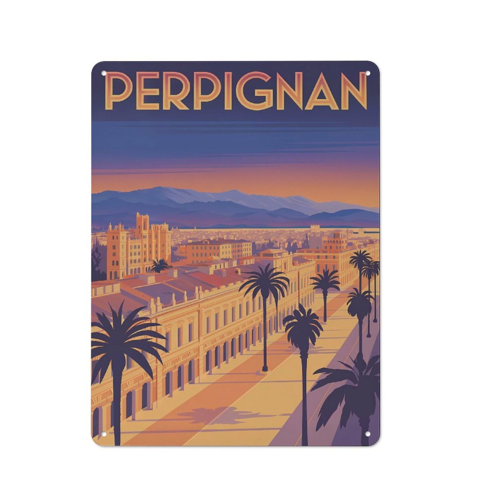 Junmoney Style-20 Perpignan Cityscape Travel Vintage Tin Wall Plaque 40X30cm For Home Bar Wall, For Vintage Wall Decor Fans, For Home Office And Studio Walls