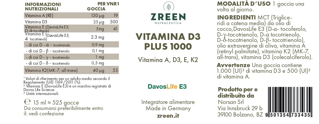Vitamina D3 K2 1000 UI - Colecalciferolo Gocce - 15 ml con Olio MCT | 525 Gocce • Vitamine A, E e K2 MK-7 all-trans • EVNol™ • Formula in olio • Prodotto in Germania