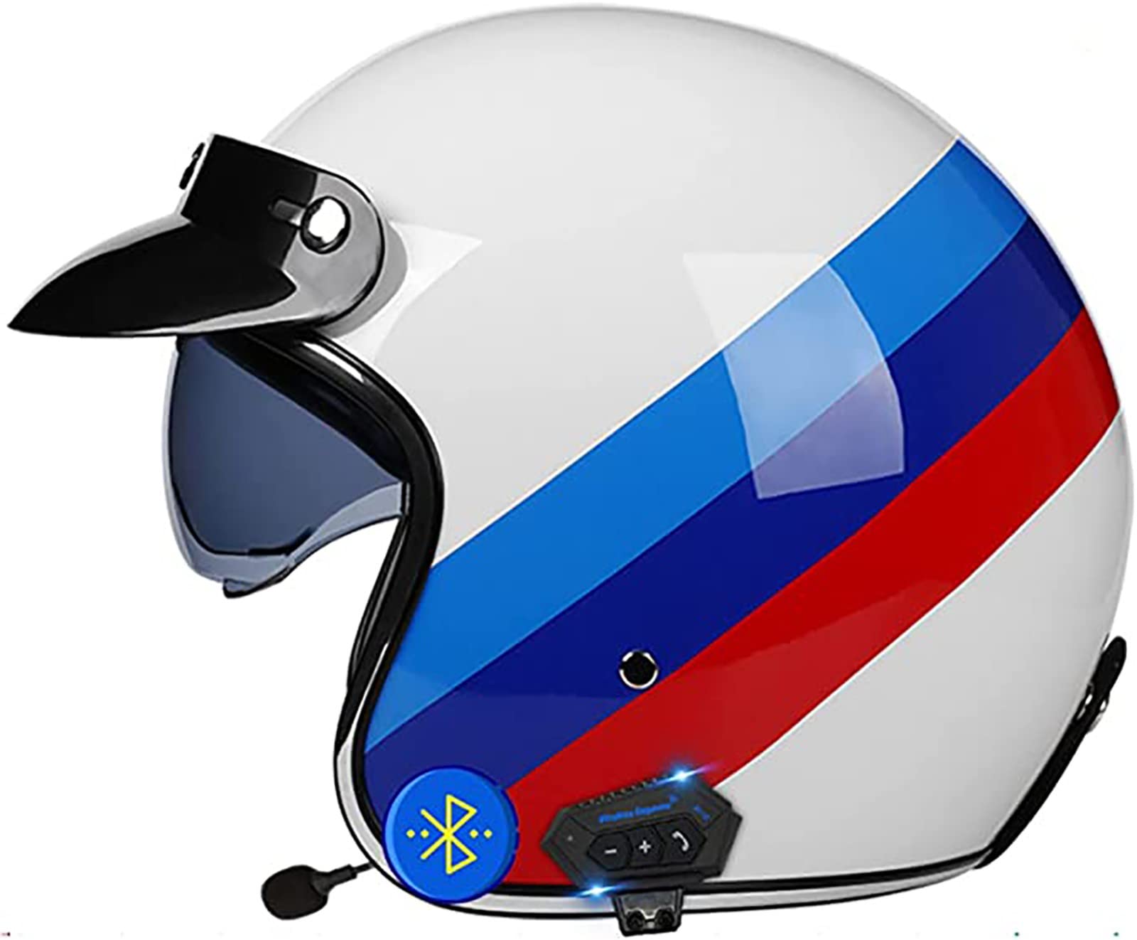 Open Face Motorcycle Bluetooth Helmet,DOT/ECE Approved Vintage Open Face Motorbike Helmet With Double Sun Visor,Crash Jet-Helmet Biker Scooter Touring Helmet For Adult Men Women (Color : B, Size : M