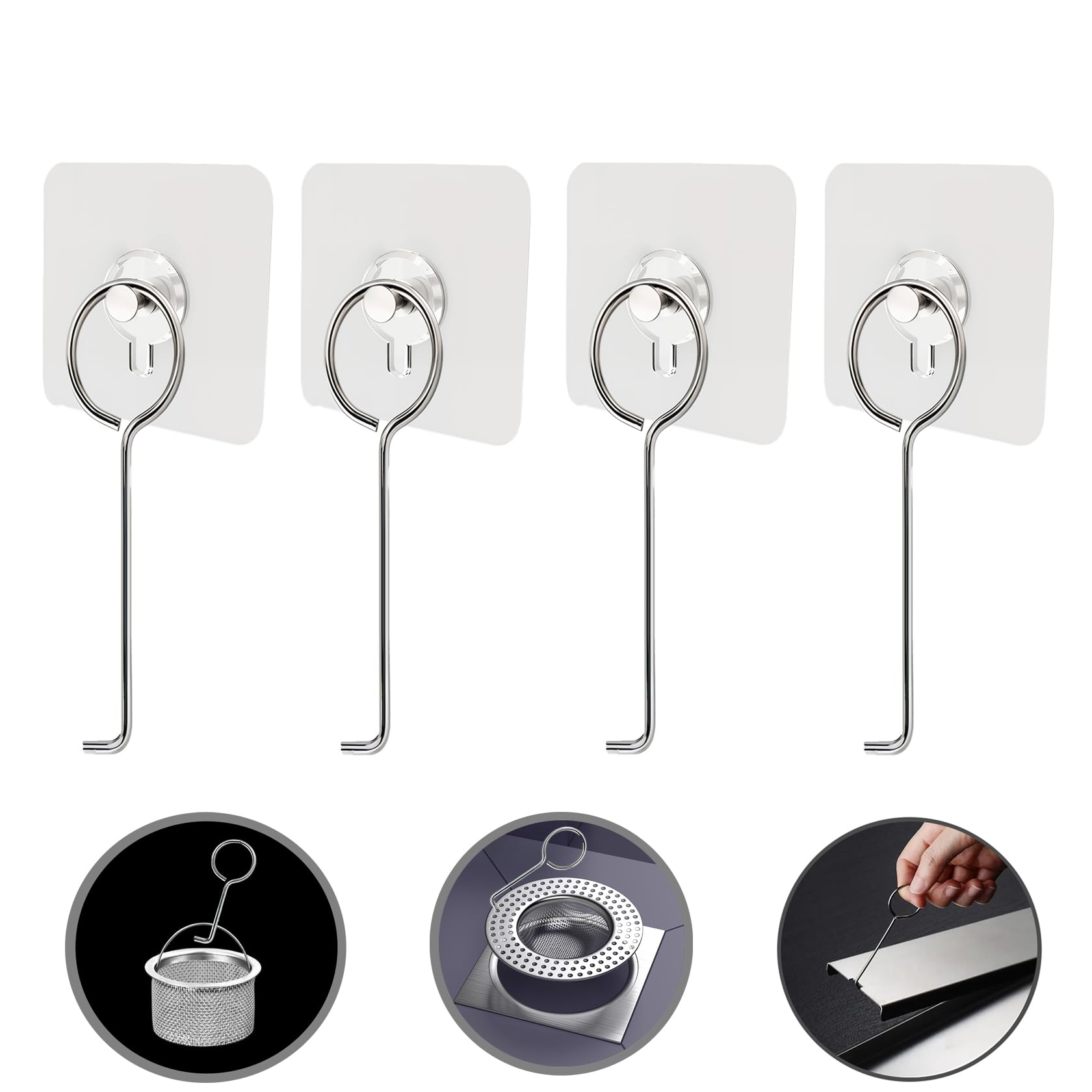 Drain Hook, Drain tool, Drain Key, Shower Lifting Hook, Linear Drain Removal Tool, Linear Drain Grate Removal Clean Extractor Tool, Clean Hair Catcher Plug Sink Strainer, Attached adhesive hook 4Pcs