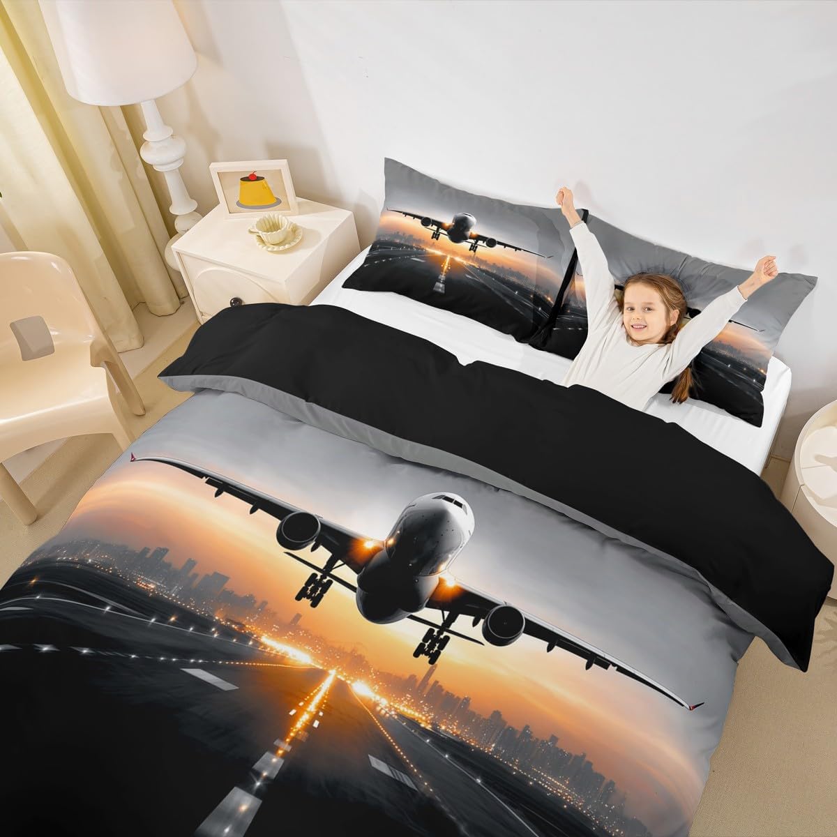 Castle Fairy Aviation Aircraft Duvet Cover Full Size,Kids Boys Men 3D Airport Airplane Soft Bedding Set,Aircraft Photography Comforter Cover 3PCS,Dark Gray Quilt Cover,2 Pillowcases(Not Comforter)