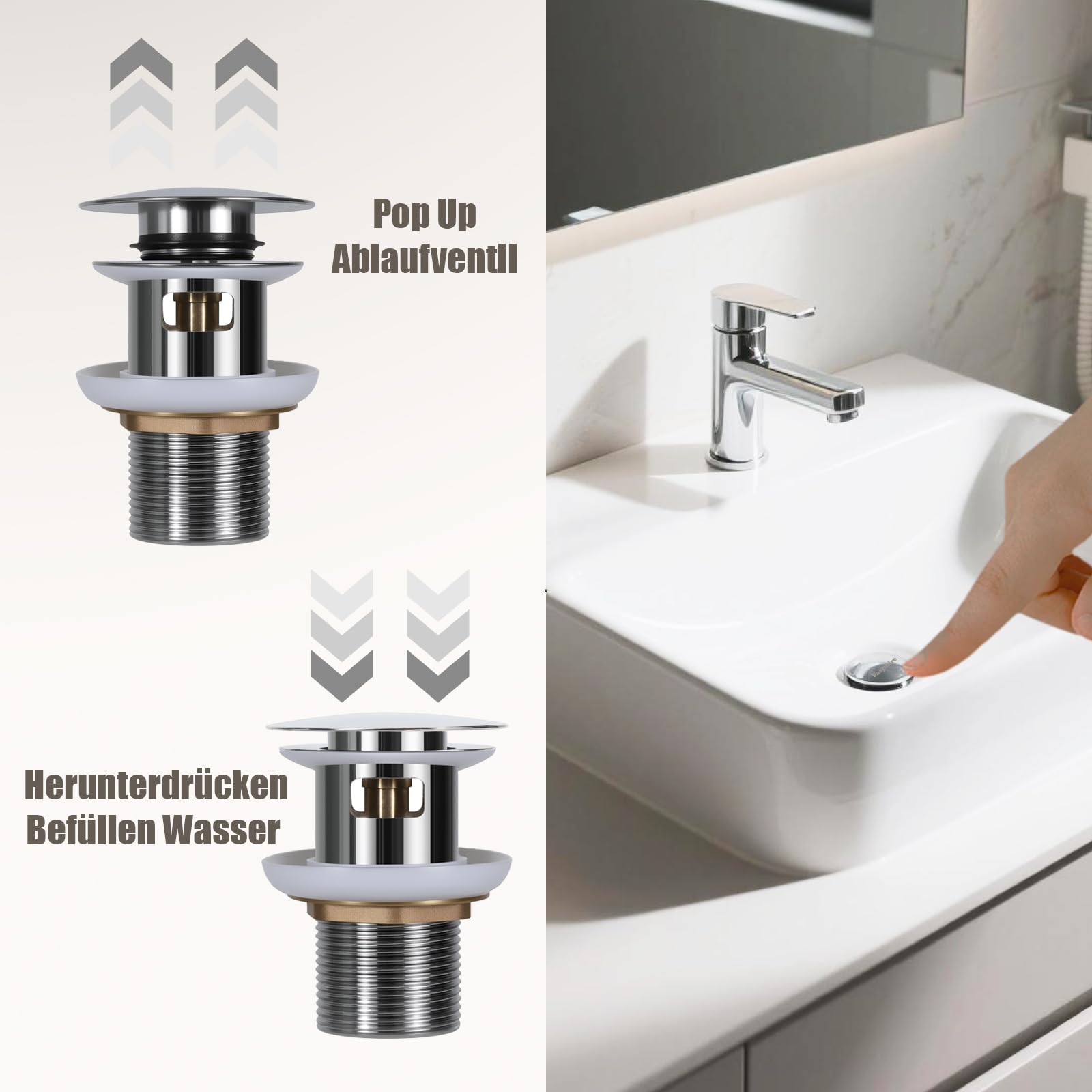 Siphon Waschbecken Ablaufgarnitur mit Überlauf - Edelstahl 304 Universal Siphon Waschbecken Bad, Syphon Sifon Pop Up Abflussgarnitur Abfluss Flaschensiphon, Silber