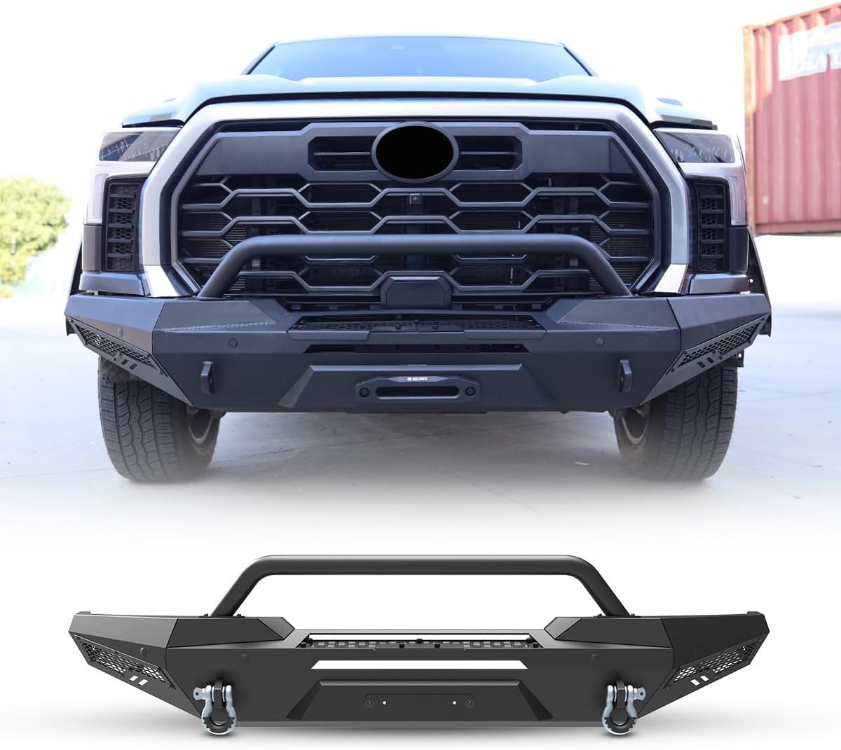 Front Bumper for 2022-2024 Toyota Tundra Pickup Truck, w/LED Light Bar & Brackets, D-Ring Shackles, Park Distance Sensor Hole, DIY Paintable Panel, Main Body Bumper+Side Wings+Bull Bar