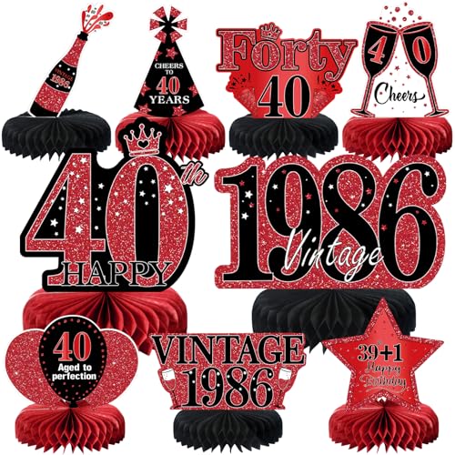 Image of 9Pcs 40th Birthday Decorations Red and Black 40th Birthday Party Decorations for Women,Happy 40 Years Vintage 1986 Aged Honeycomb Centerpieces Table Sign Decor Supplies