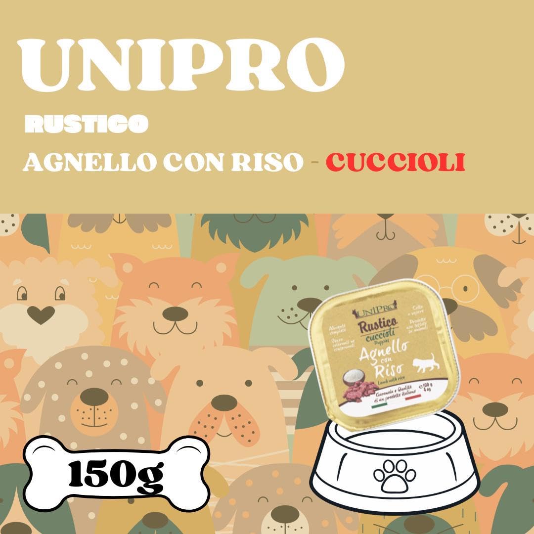 Húmedo perro rústico, alimento completo para perros cachorros de todos los tamaños y razas, altamente digerible, sabor cordero con arroz, 12 bandejas de 100 gramos cada una.