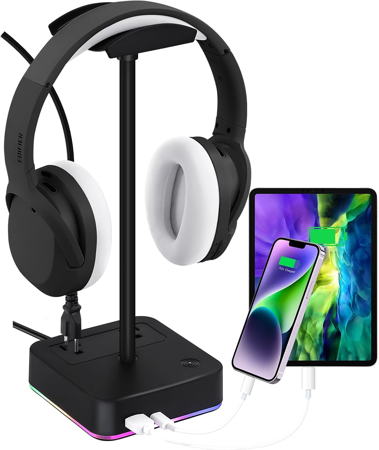 RGB Headphone Stand with USB Charging Port & AC Outlet Desk Gaming Headset Holder with 9 Light Modes Suitable for Gamer Desktop Table Game Earphone Accessories Boyfriend Gifts