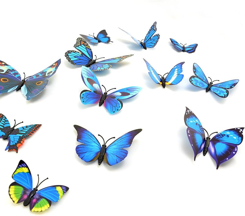 3D butterflies, wall decoration, BLUE, pack of 12., blue