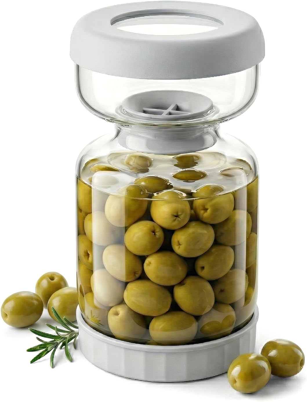 Homnoble Pickle and Olive Hourglass Jar with Strainer Flip Juice Separator