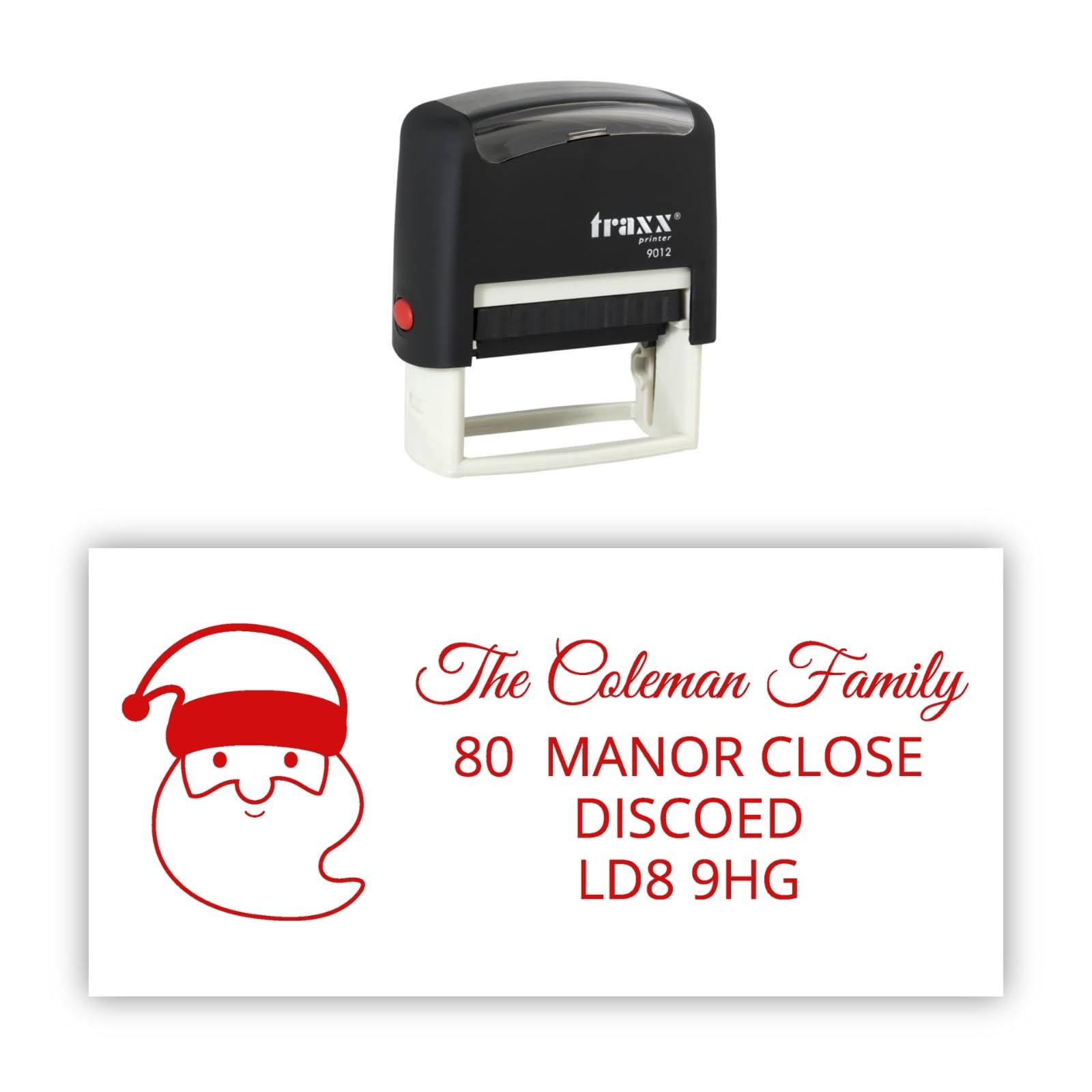 Stamp Design 4U Red Traxx 9012 Personalised Christmas Self Inking Rubber Stamp - Santa Claus With 4 Lines Of Custom Text In Ink