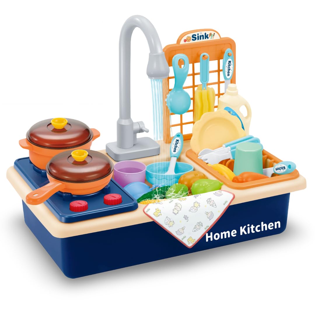 PowerTRC Pretend Kitchen Sink Play Set with Cooking Stove, Pots and Pans, Dishes and Cutting Food | Comes with Realistic Water Circulation and Spray | Lights and Sound SIMILAR TO LOT PHOTO 
