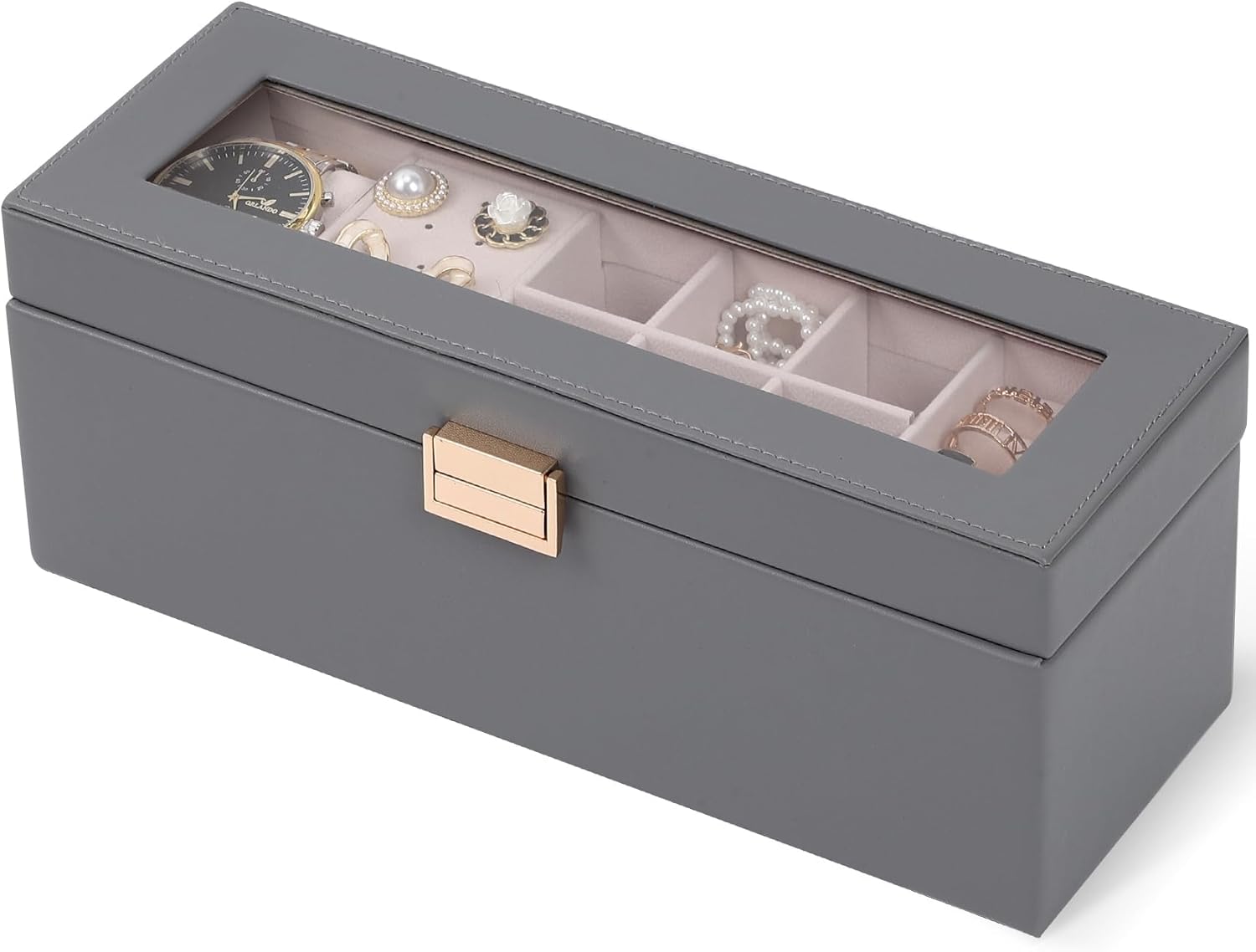 Dajasan Jewelry Boxes for Women, Jewelry Organizer Box, 2-Layer Jewelry Holder Organizer Box, Jewelry Storage Box for Valentine's Day, Mother's Day, PU Leather, Clear Lid (Grey)