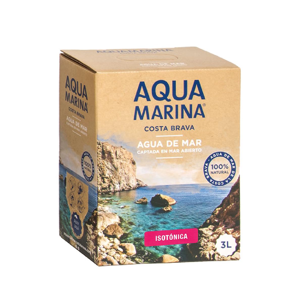 AQUAMARINA Costa Brava - Bag In Box - Isotonisches Meerwasser - Mikrofiltriert und ohne Zusatzstoffe, enthält mehr als 75 Mineralien und Spurenelemente, Remineralisierung. (3 Liter Isotonisch)